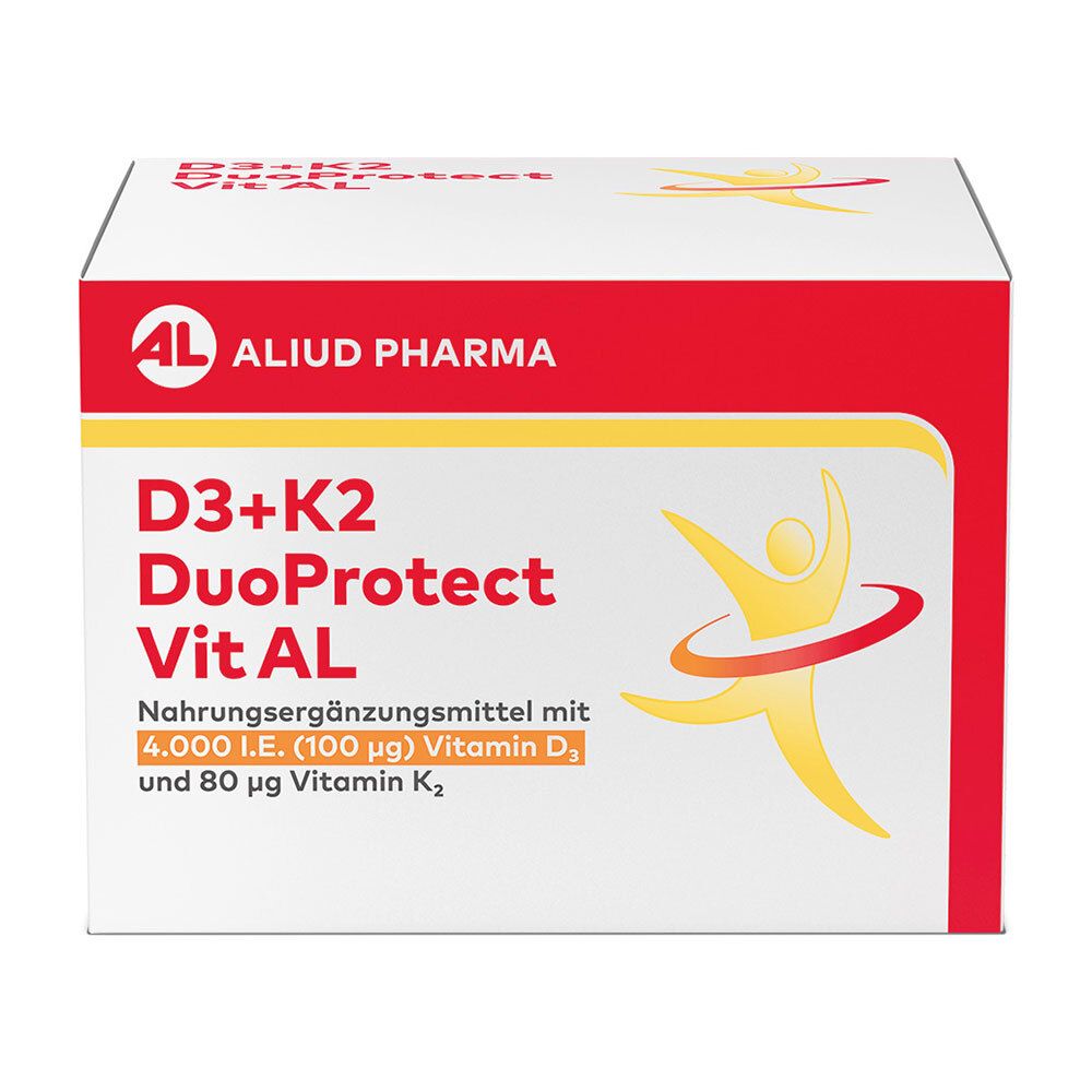 Weiß-rote Schachtel mit Produktnamen D3+K2 DuoProtect Vit AL. Enthält 4.000 I.E. Vitamin D3 und 80 µg Vitamin K2. Logo: AL Aliud Pharma.