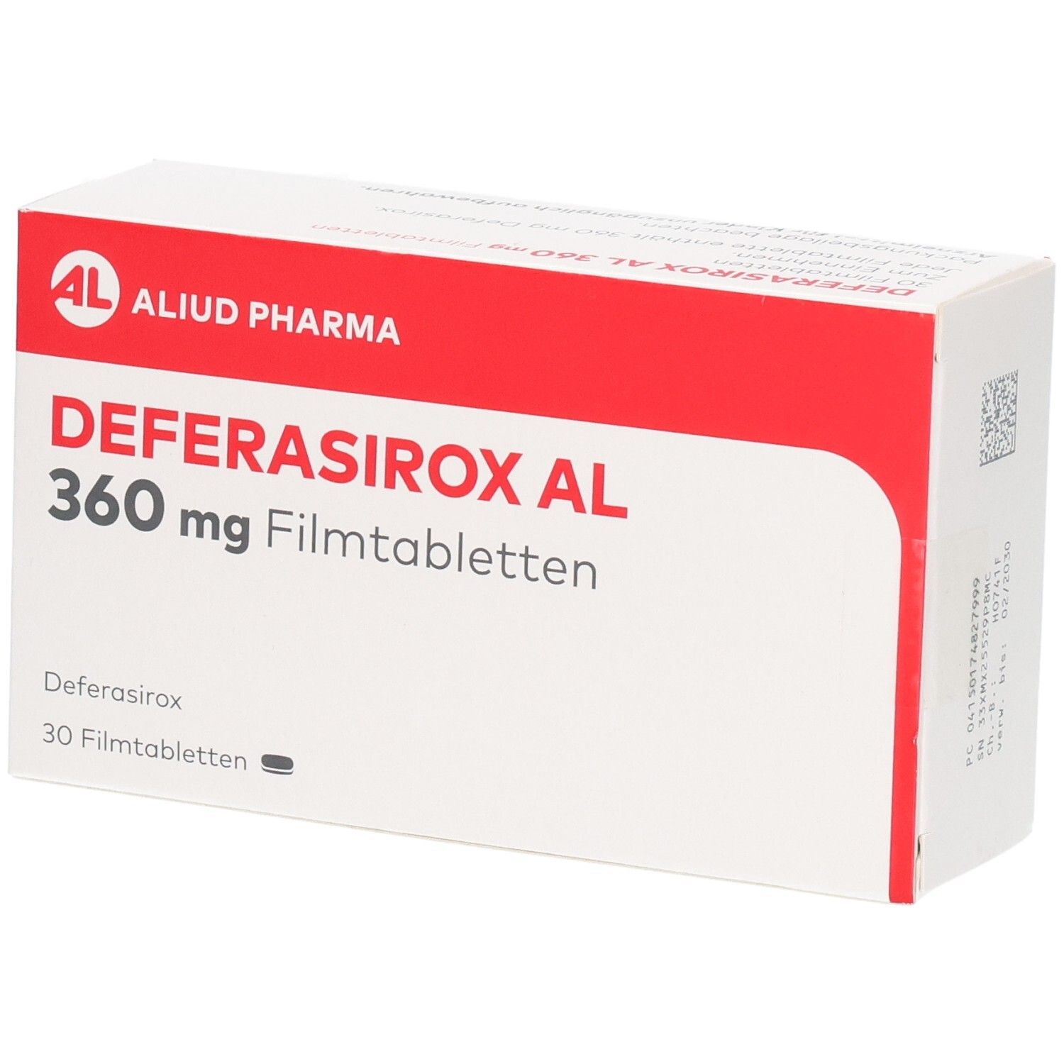 Packung DEFERASIROX AL 360 mg Filmtabletten, 30 Stück.