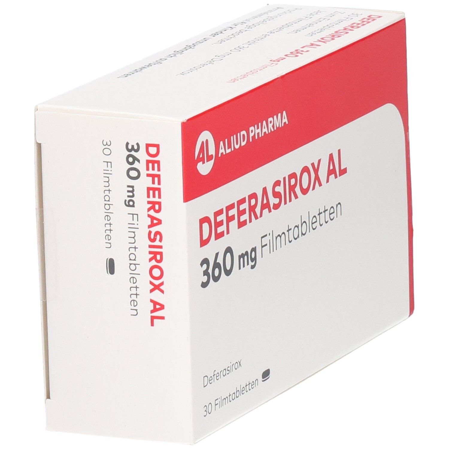 Packung DEFERASIROX AL 360 mg Filmtabletten, 30 Stück, Seitenansicht.