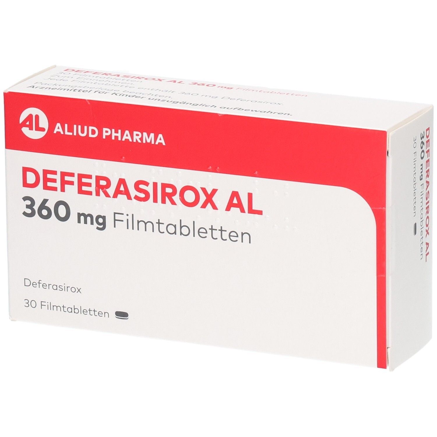Packung DEFERASIROX AL 360 mg Filmtabletten, 30 Stück, Vorder- und Seitenansicht.