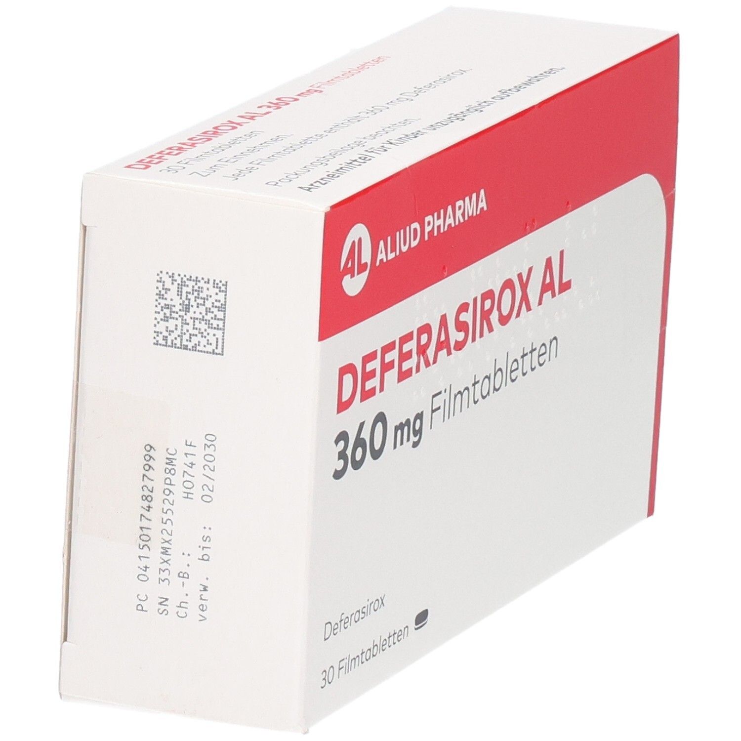 Packung DEFERASIROX AL 360 mg Filmtabletten, 30 Stück, mit Chargennummer.