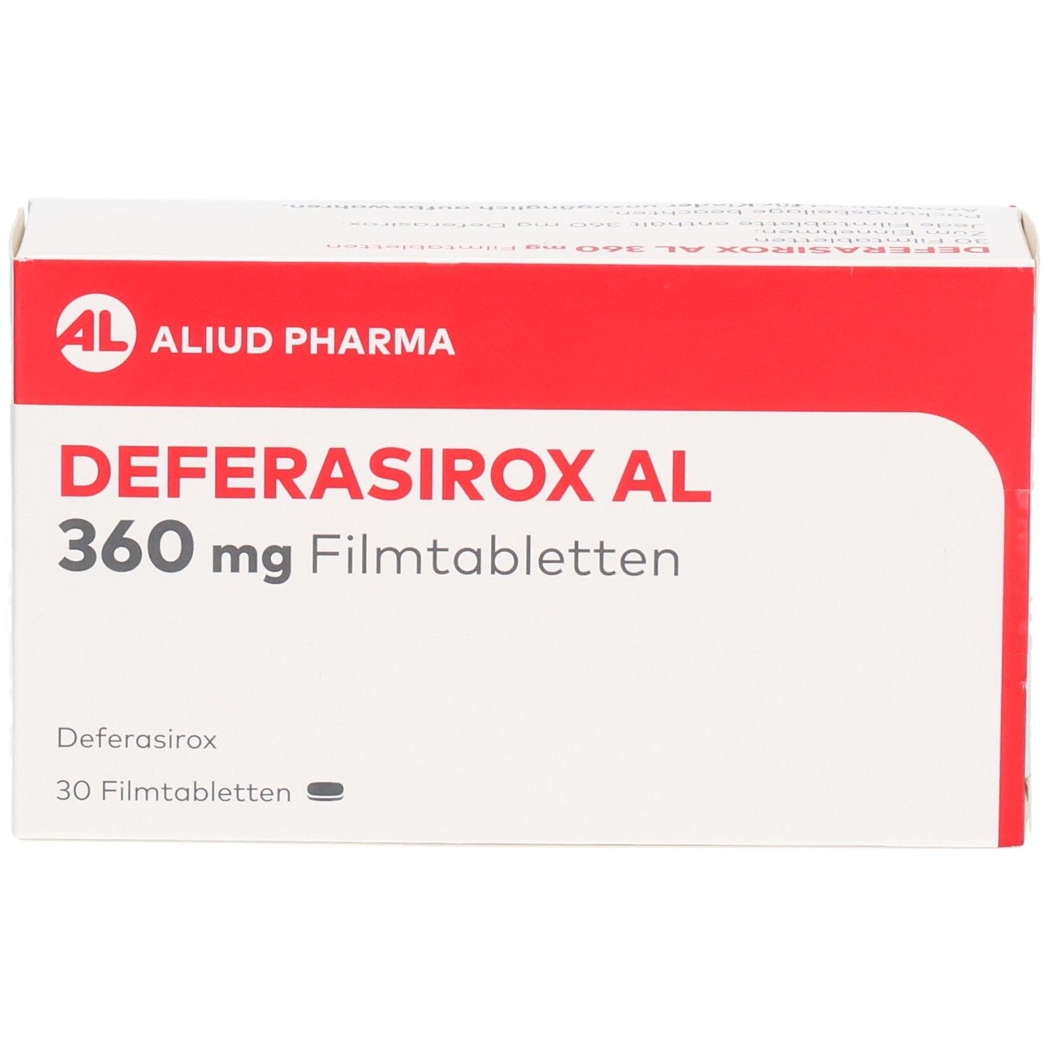 Packung DEFERASIROX AL 360 mg Filmtabletten, 30 Stück, mit QR-Code.