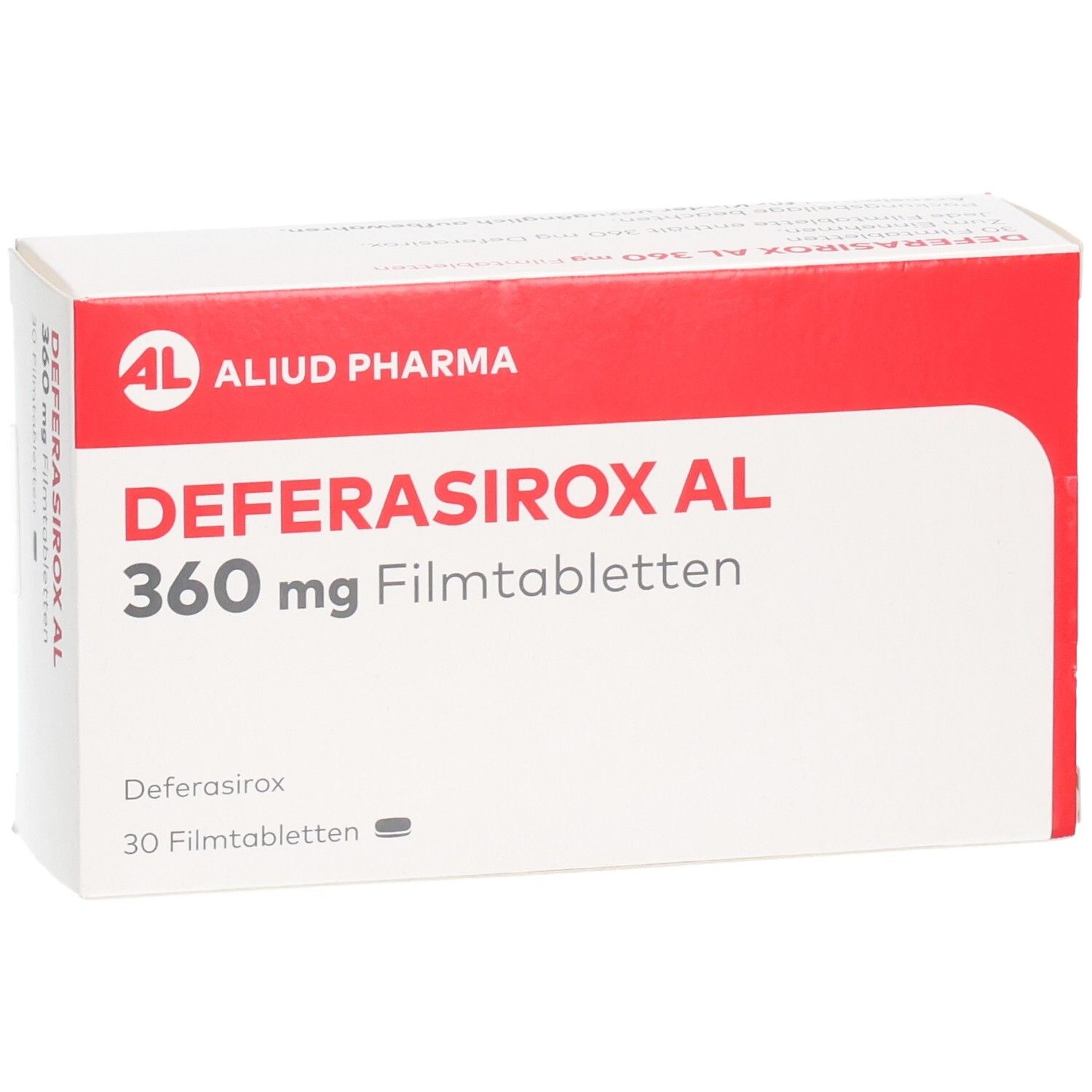 Packung DEFERASIROX AL 360 mg Filmtabletten, 30 Stück, Vorderansicht.