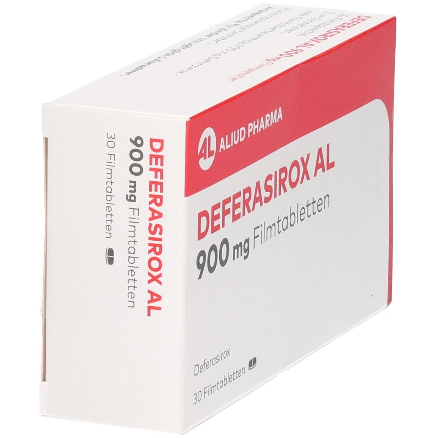 Packung DEFERASIROX AL 900 mg Filmtabletten, 30 Stück, Seitenansicht.