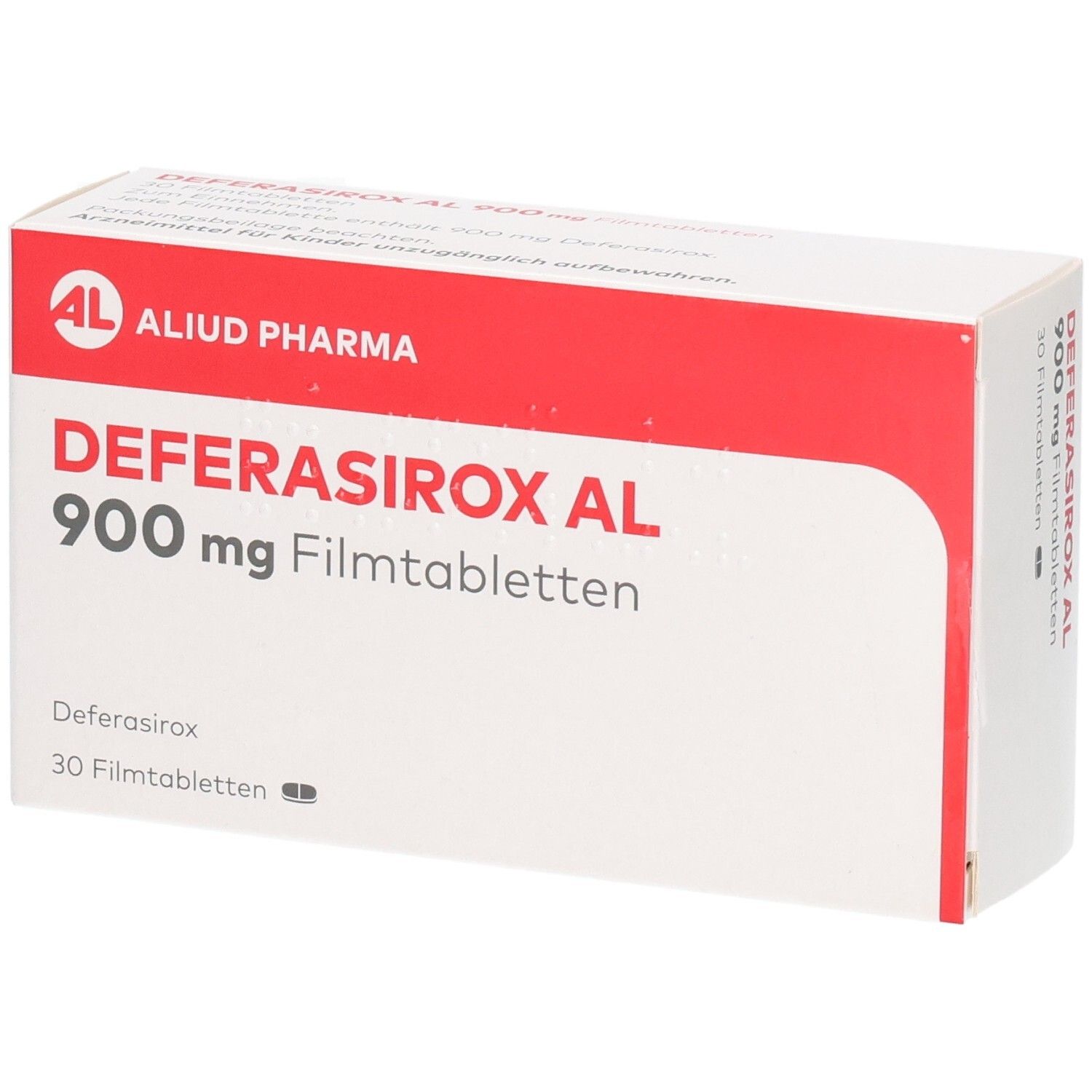 Packung DEFERASIROX AL 900 mg Filmtabletten, 30 Stück, Vorderseite.