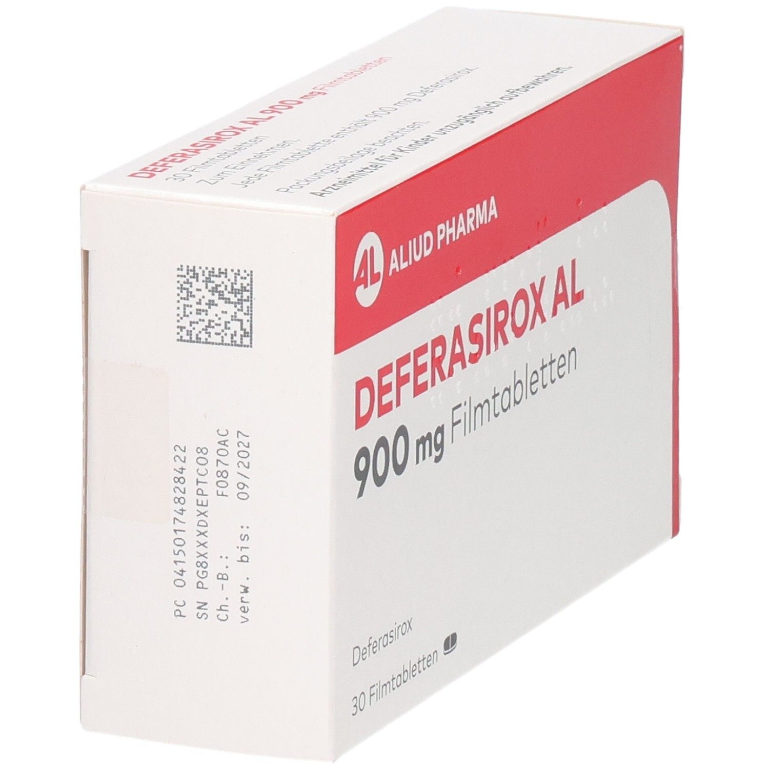 Packung DEFERASIROX AL 900 mg Filmtabletten, 30 Stück, mit Chargennummer.