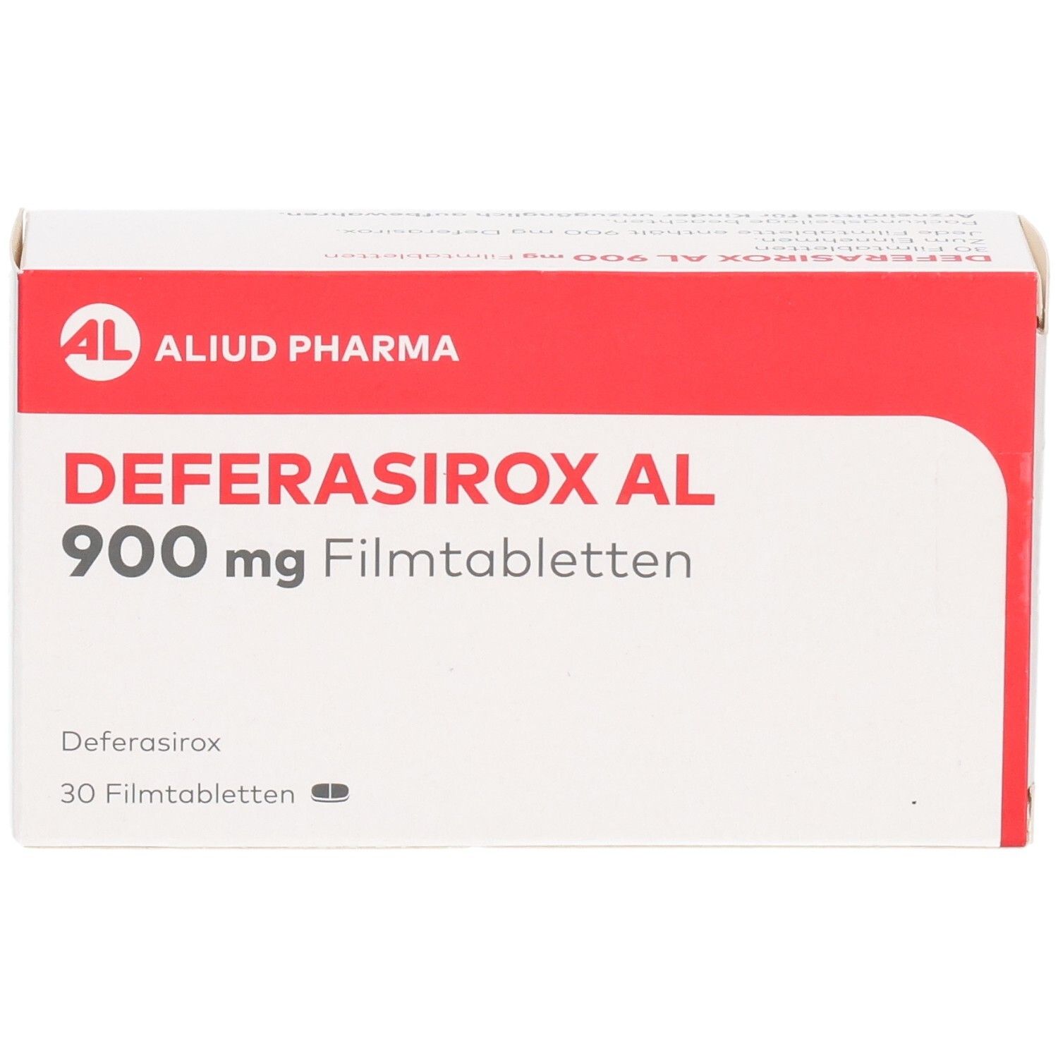 Packung DEFERASIROX AL 900 mg Filmtabletten, 30 Stück, schräg.