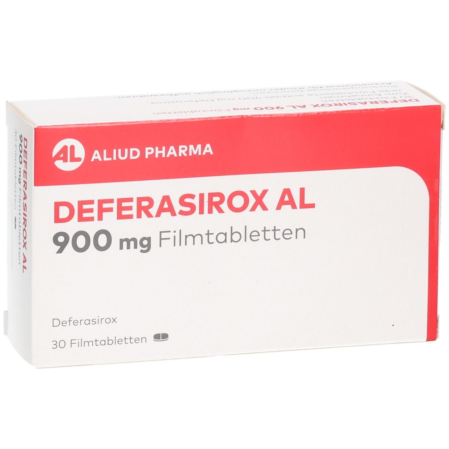 Packung DEFERASIROX AL 900 mg Filmtabletten, 30 Stück, Nahaufnahme.