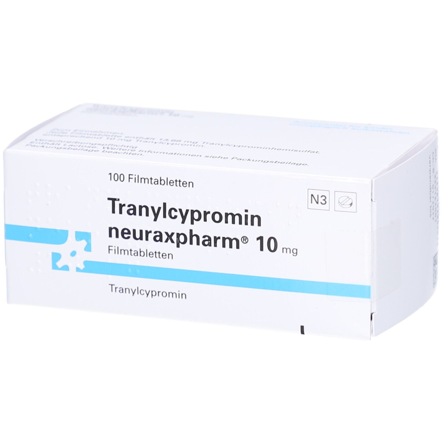 Weiße Schachtel mit blauer Schrift. Aufschrift: Tranylcypromin neuraxpharm 10 mg Filmtabletten. 100 Filmtabletten.