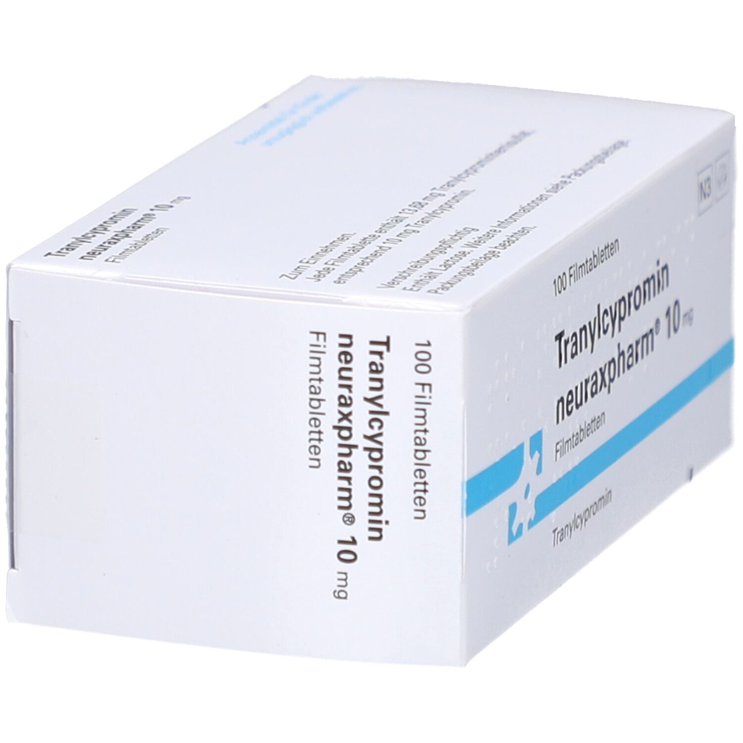 Weiße Schachtel, seitliche Ansicht. Aufschrift: Tranylcypromin neuraxpharm 10 mg Filmtabletten. 100 Filmtabletten.