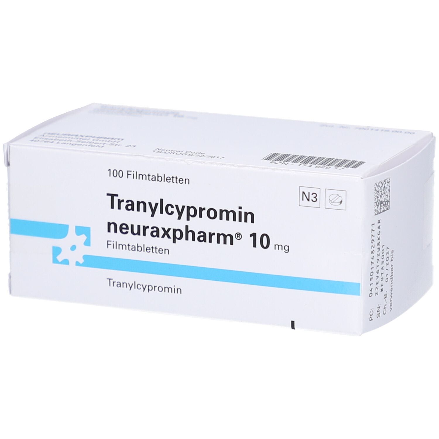 Weiße Schachtel mit blauer Schrift. Aufschrift: Tranylcypromin neuraxpharm 10 mg Filmtabletten. 100 Filmtabletten.