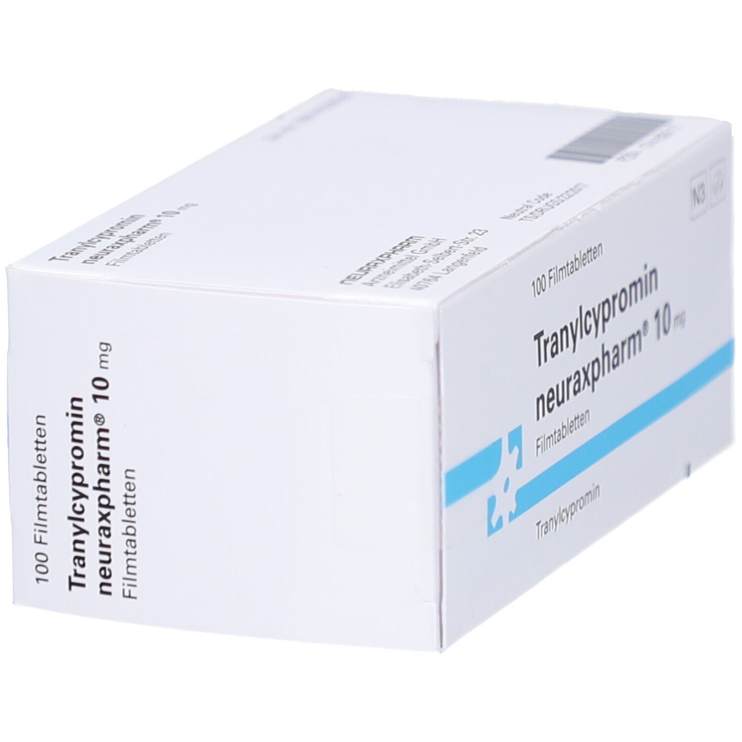 Weiße Schachtel, schräge Ansicht. Aufschrift: Tranylcypromin neuraxpharm 10 mg Filmtabletten. 100 Filmtabletten.
