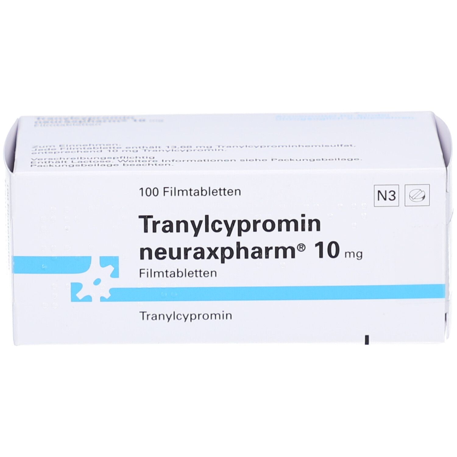Weiße Schachtel mit blauer Schrift. Aufschrift: Tranylcypromin neuraxpharm 10 mg Filmtabletten. 100 Filmtabletten.