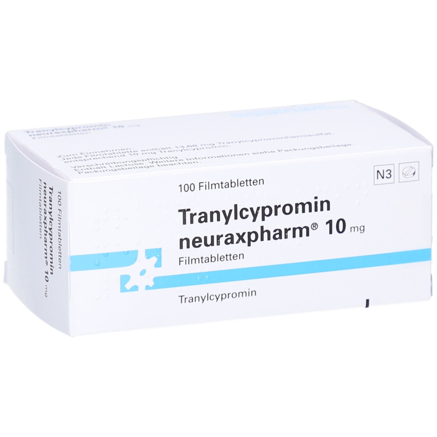 Weiße Schachtel mit blauer Schrift. Aufschrift: Tranylcypromin neuraxpharm 10 mg Filmtabletten. 100 Filmtabletten.