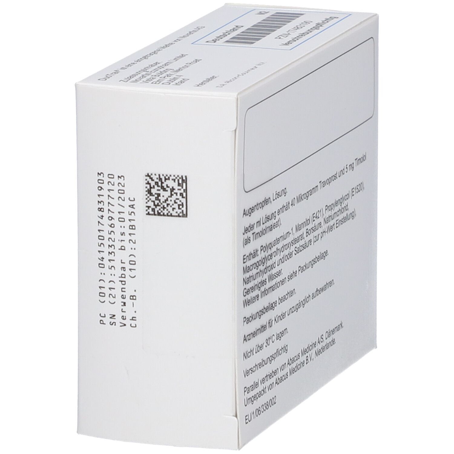 Schrägansicht der weißen Faltschachtel. Text über Inhaltsstoffe, Lagerung und Hersteller. DuoTrav® 40 Mikrogramm/ml + 5 mg/ml.