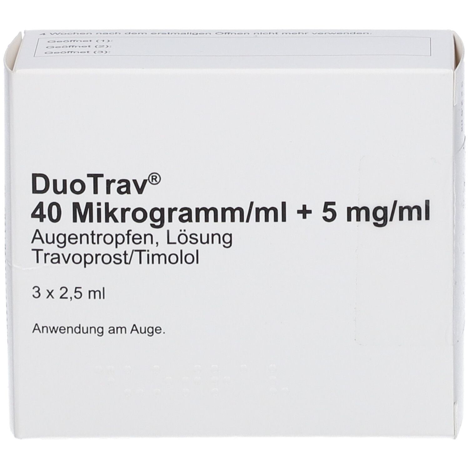 Weiße Faltschachtel mit DuoTrav®-Aufdruck. Enthält 3 x 2,5 ml Augentropfen. Text: 40 Mikrogramm/ml + 5 mg/ml.