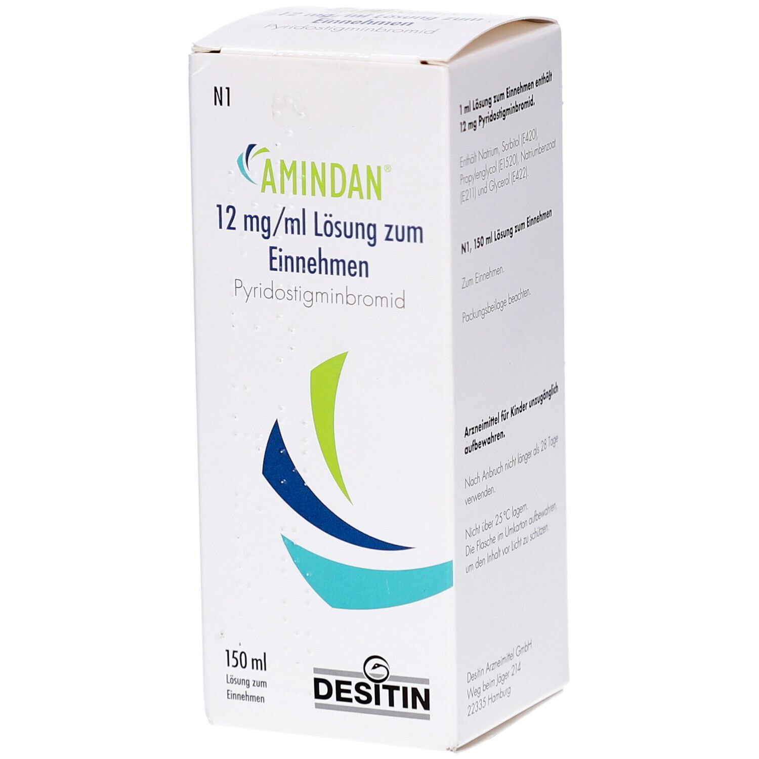 Weiße Arzneimittelverpackung. Aufschrift: AMINDAN 12 mg/ml Lösung zum Einnehmen. Herstellerlogo DESITIN. 150 ml.