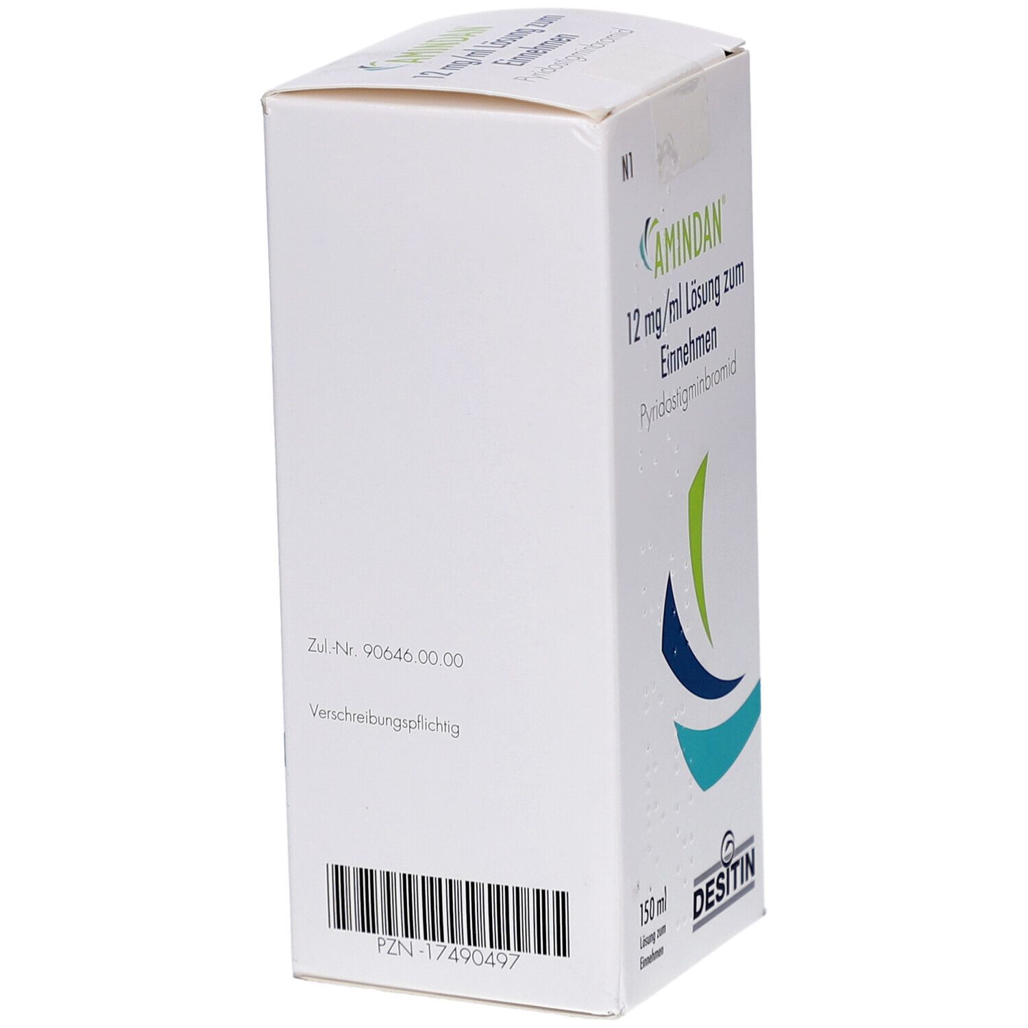 Weiße Arzneimittelverpackung. Barcode und weitere Informationen. Herstellerlogo DESITIN. Aufschrift: AMINDAN 12 mg/ml Lösung zum Einnehmen.