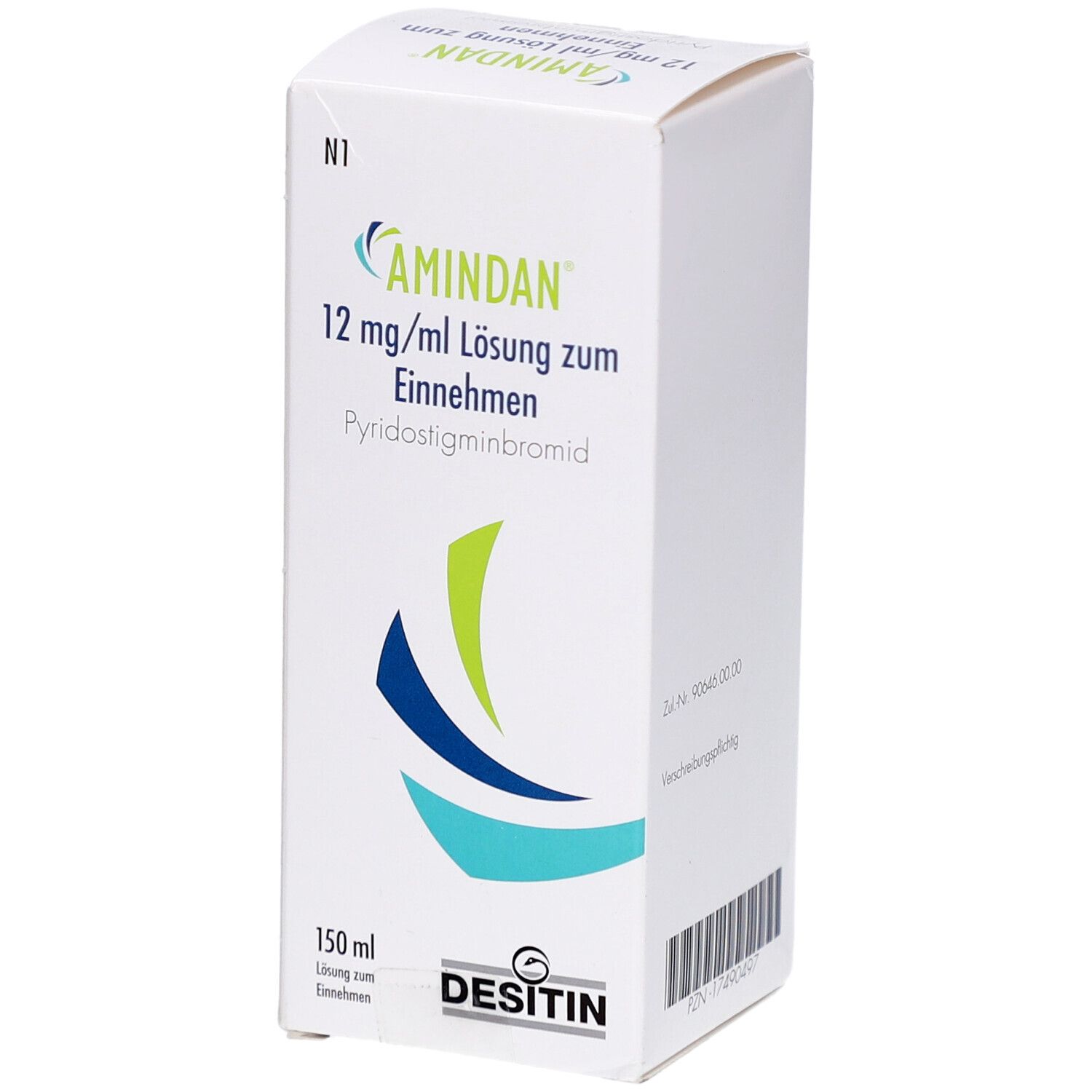 Weiße Arzneimittelverpackung. Aufschrift: AMINDAN 12 mg/ml Lösung zum Einnehmen. Herstellerlogo DESITIN. 150 ml.