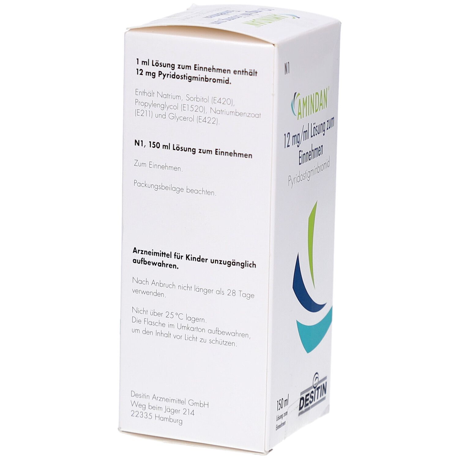 Weiße Arzneimittelverpackung. Textinformationen. Herstellerlogo DESITIN. Aufschrift: AMINDAN 12 mg/ml Lösung zum Einnehmen.