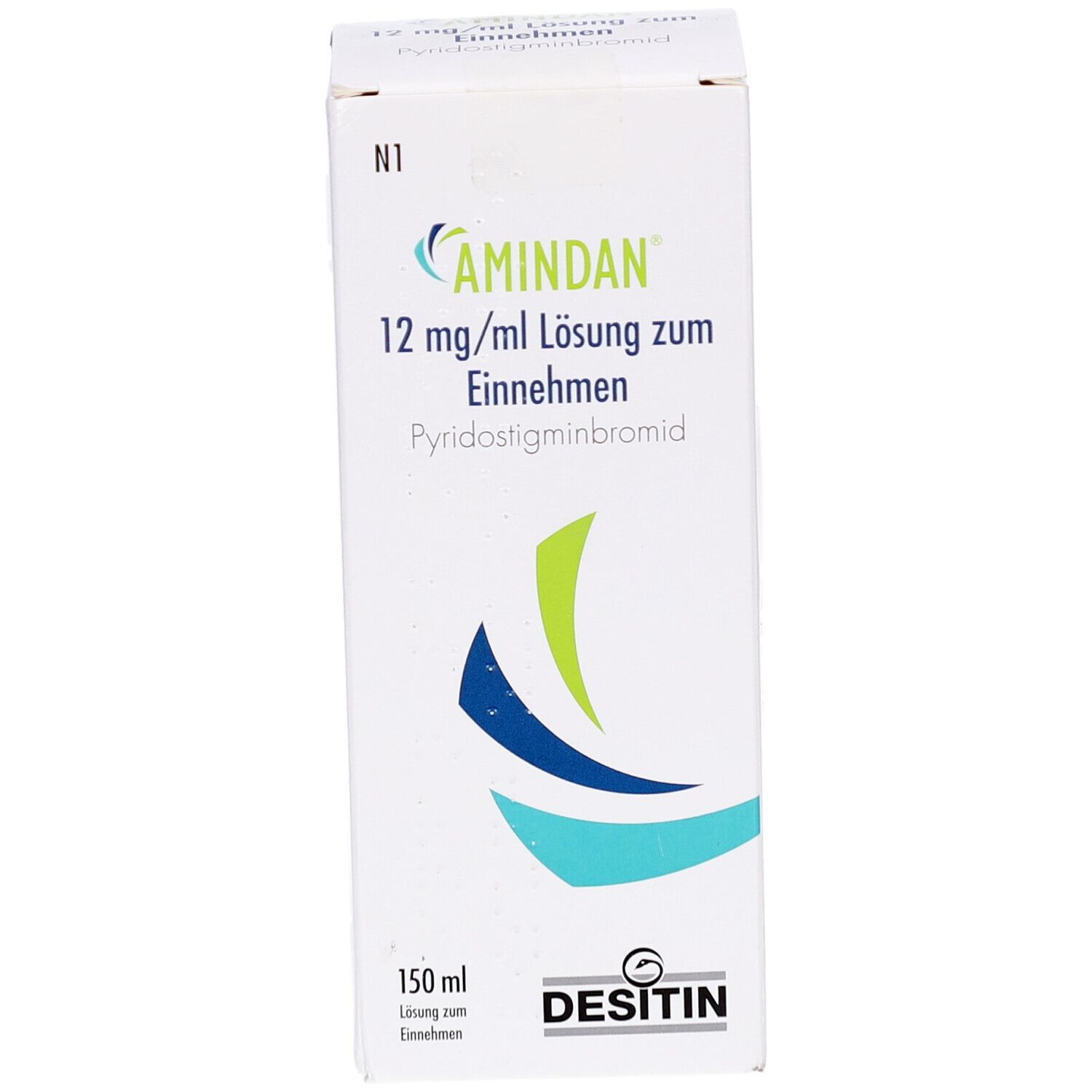 Weiße Arzneimittelverpackung. Aufschrift: AMINDAN 12 mg/ml Lösung zum Einnehmen. Herstellerlogo DESITIN. 150 ml.