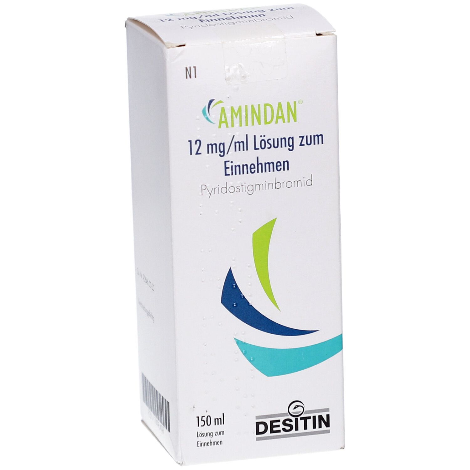 Weiße Arzneimittelverpackung. Aufschrift: AMINDAN 12 mg/ml Lösung zum Einnehmen. Herstellerlogo DESITIN. 150 ml.