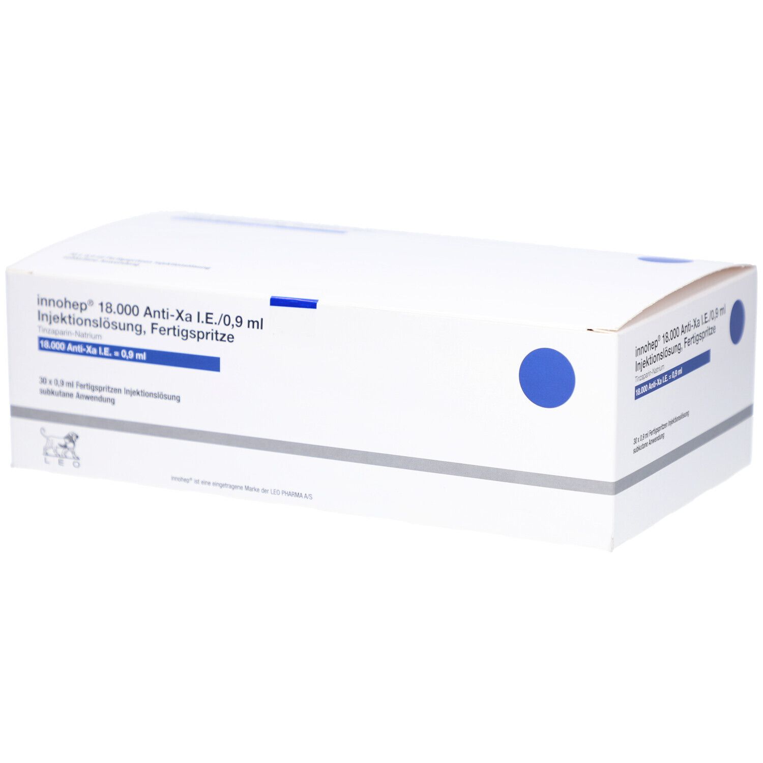 Weiße Kartonverpackung mit blauen Kreisen und Produktinformationen. Beschriftung: innohep 18.000 Anti-Xa I.E./0,9 ml.