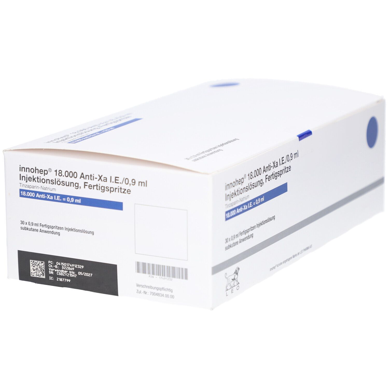 Schachtel Innohep 18.000 Anti-Xa I.E./0,9 ml Injektionslösung. Fertigspritze. Barcode und Text auf der Seite.