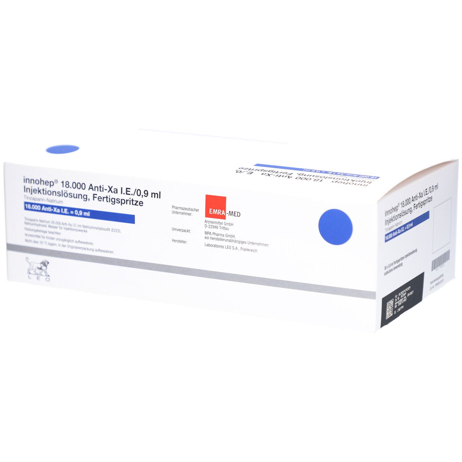 Weiße Kartonverpackung mit blauen Kreisen und Produktinformationen. Rote EMRA-MED-Kennzeichnung. Beschriftung: innohep 18.000 Anti-Xa I.E./0,9 ml.