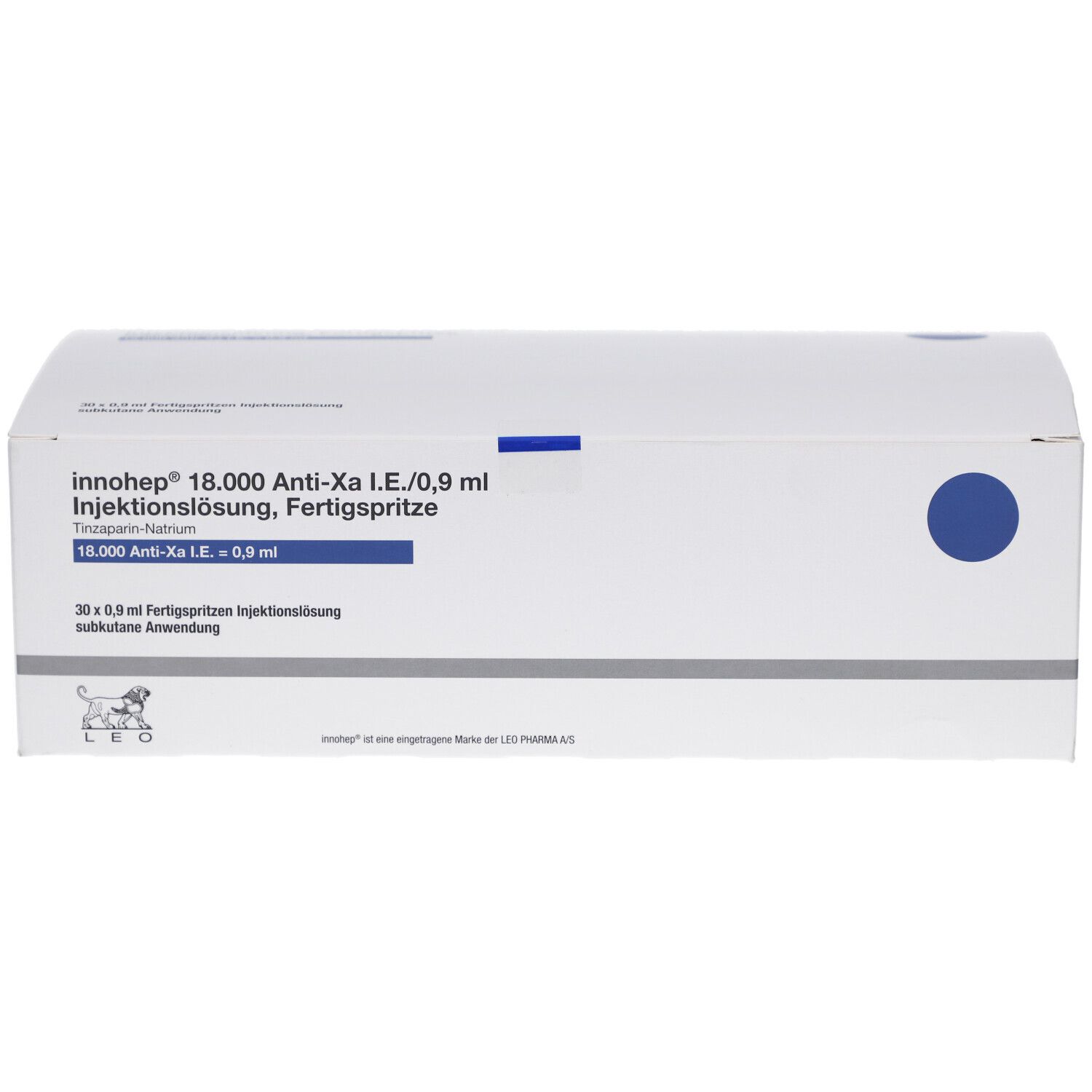 Weiße Kartonverpackung mit blauen Kreisen und Produktinformationen. LEO-Logo. Beschriftung: innohep 18.000 Anti-Xa I.E./0,9 ml. 30 Fertigspritzen.