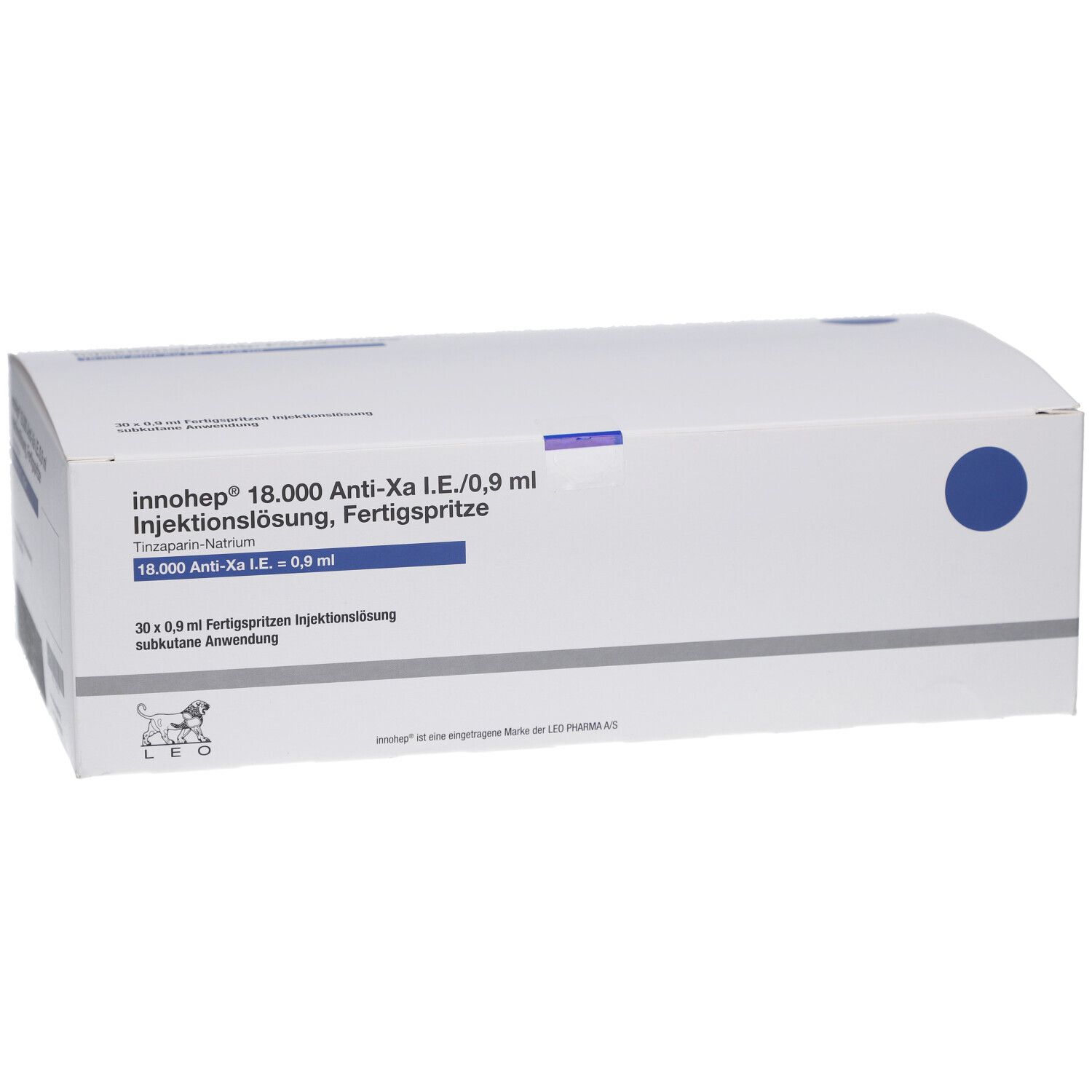 Weiße Kartonverpackung mit blauen Kreisen und Produktinformationen. LEO-Logo. Beschriftung: innohep 18.000 Anti-Xa I.E./0,9 ml. 30 Fertigspritzen.