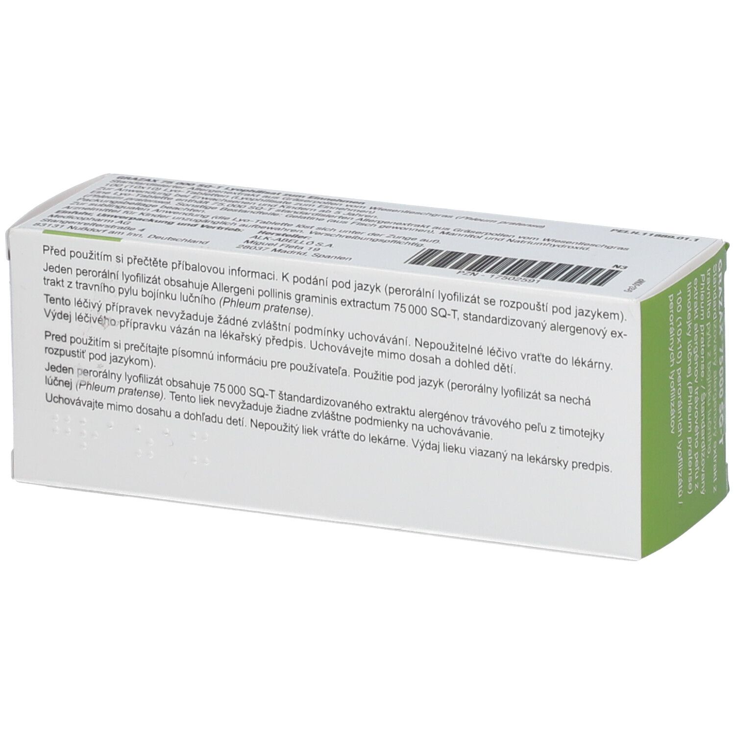 Rückseite der GRAZAX 75 000 SQ-T Schachtel. Textinformationen und Barcode auf weißem Grund.