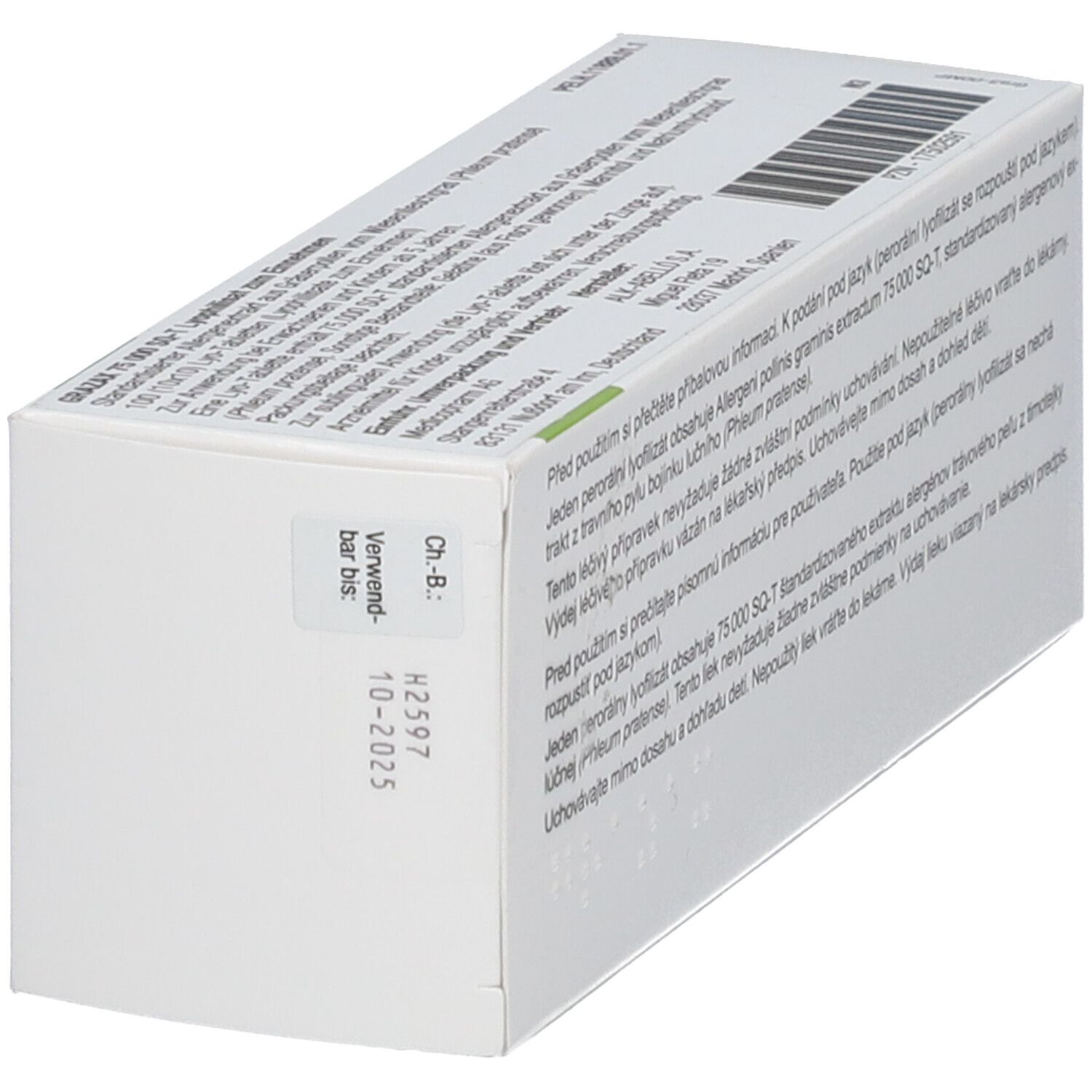 Rückseite der GRAZAX 75 000 SQ-T Schachtel. Haltbarkeitsdatum und Chargennummer.