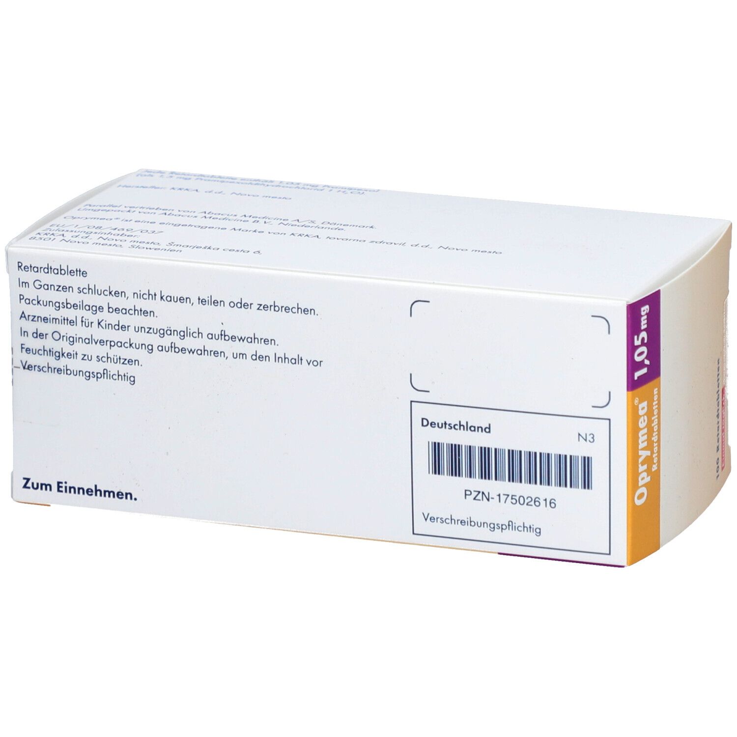 Schachtel OPRYMEA 1,05 mg Retardtabletten. Rückseite. Weiß. Aufdrucke mit Text, Barcode und PZN-Nummer.