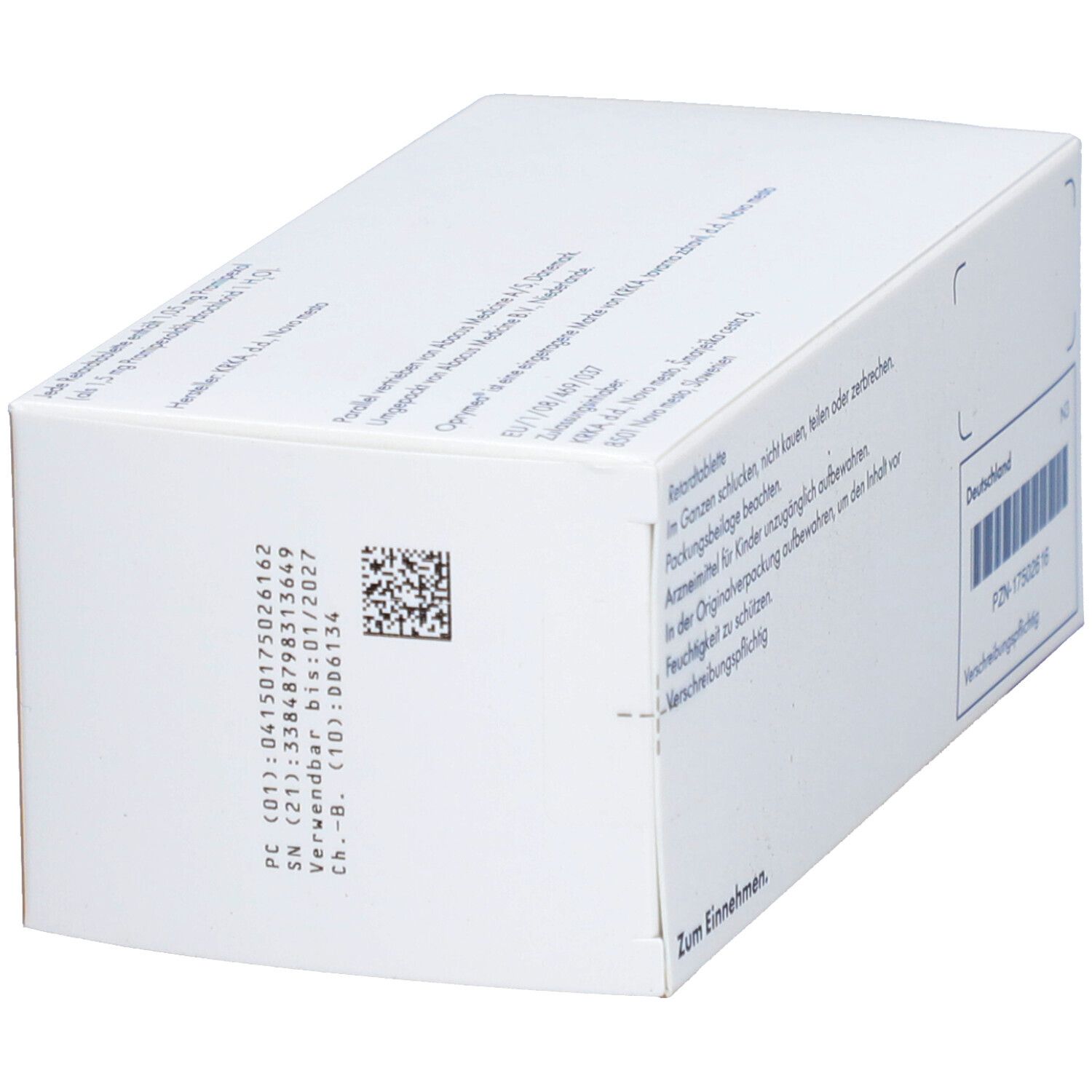Schachtel OPRYMEA 1,05 mg Retardtabletten. Rückseite. Weiß. Aufdrucke mit Text, Barcode und PZN-Nummer.