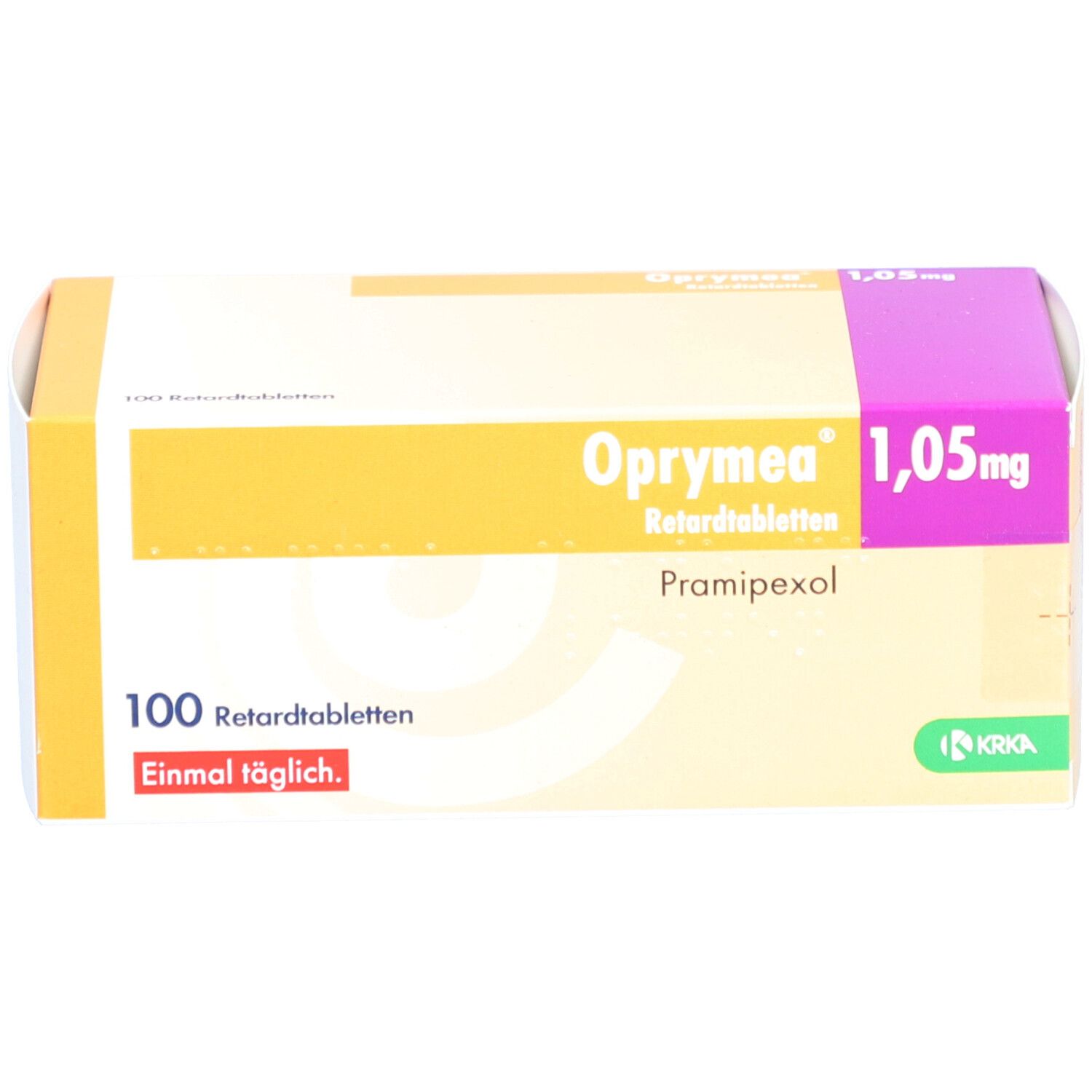 Schachtel OPRYMEA 1,05 mg Retardtabletten. Orange-weiß. Aufschrift: 100 Retardtabletten, Einmal täglich. Logo KRKA.