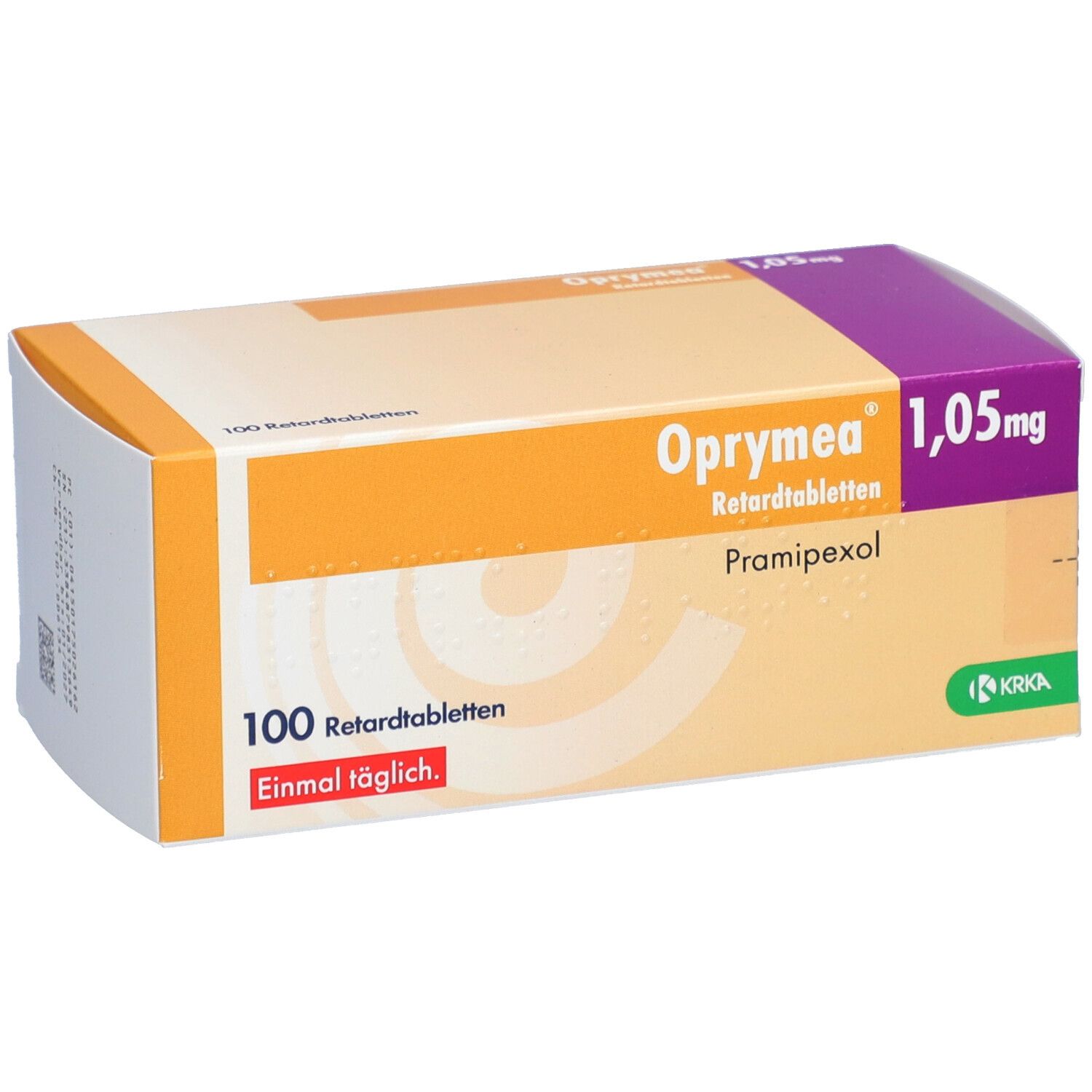 Schachtel OPRYMEA 1,05 mg Retardtabletten. Orange-weiß. Aufschrift: 100 Retardtabletten, Einmal täglich. Logo KRKA.