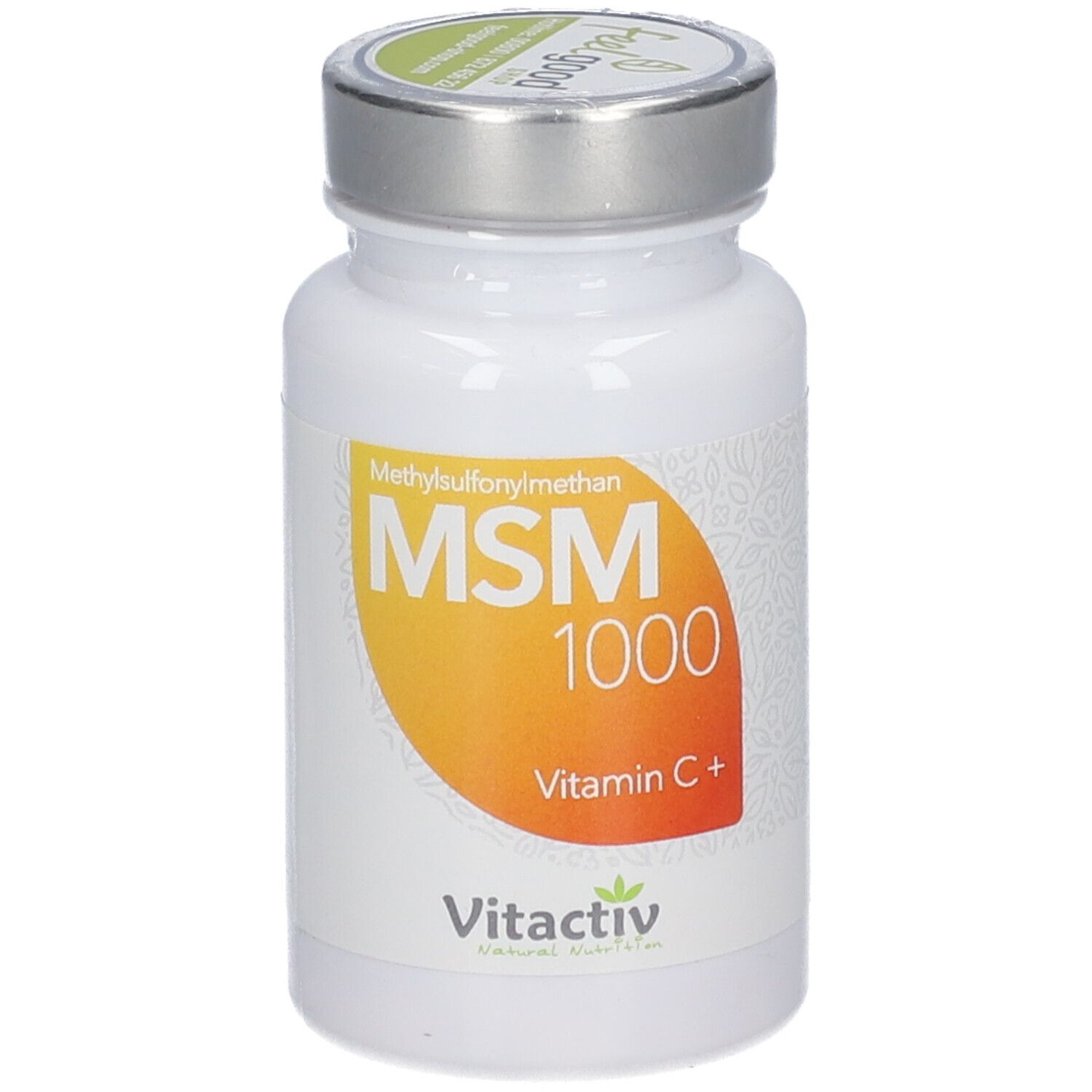 Weiße Flasche mit silbernem Deckel. Etikett mit MSM 1000, Vitamin C+. vitactiv Logo.