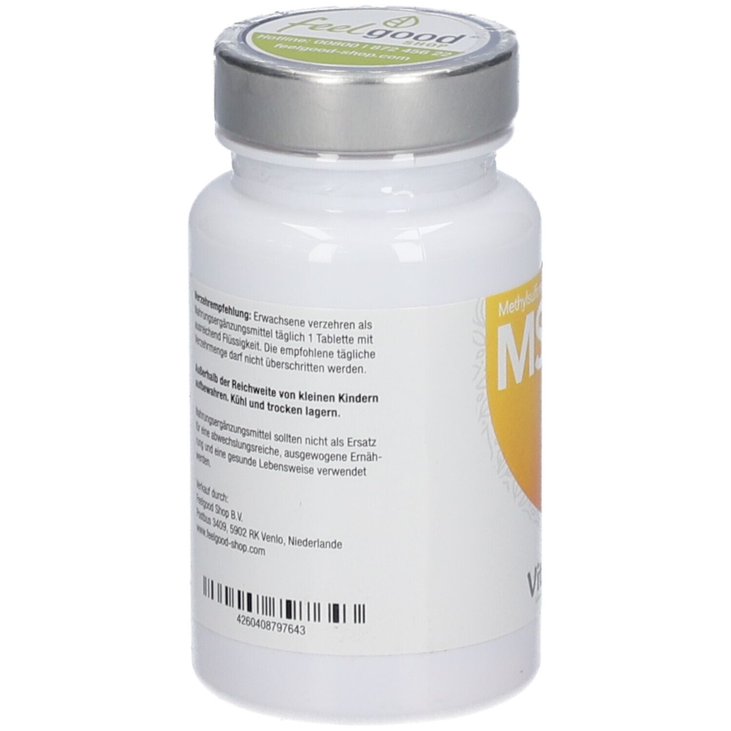 Weiße Flasche mit silbernem Deckel. Etikett mit MSM 1000, Vitamin C+. vitactiv Logo. Rückseite mit Text.