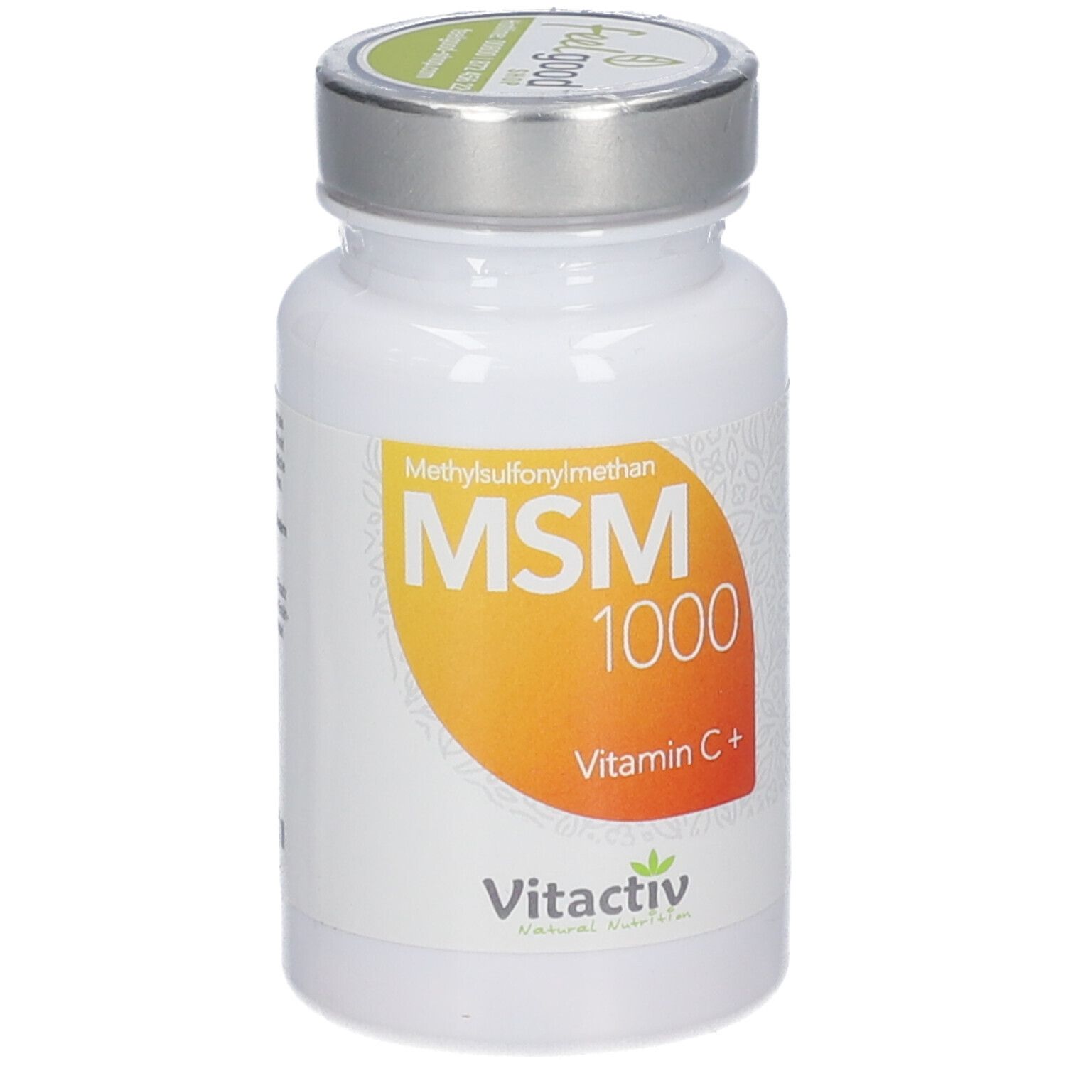 Weiße Flasche mit silbernem Deckel. Etikett mit MSM 1000, Vitamin C+. vitactiv Logo.