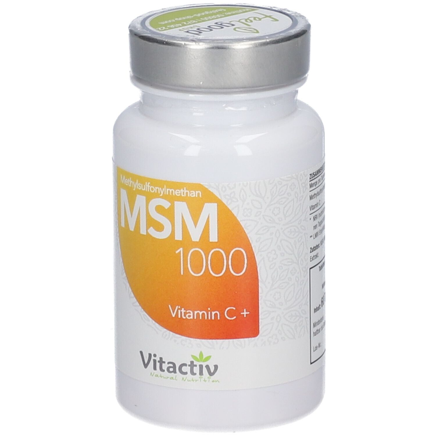 Weiße Flasche mit silbernem Deckel. Etikett mit MSM 1000, Vitamin C+. vitactiv Logo.