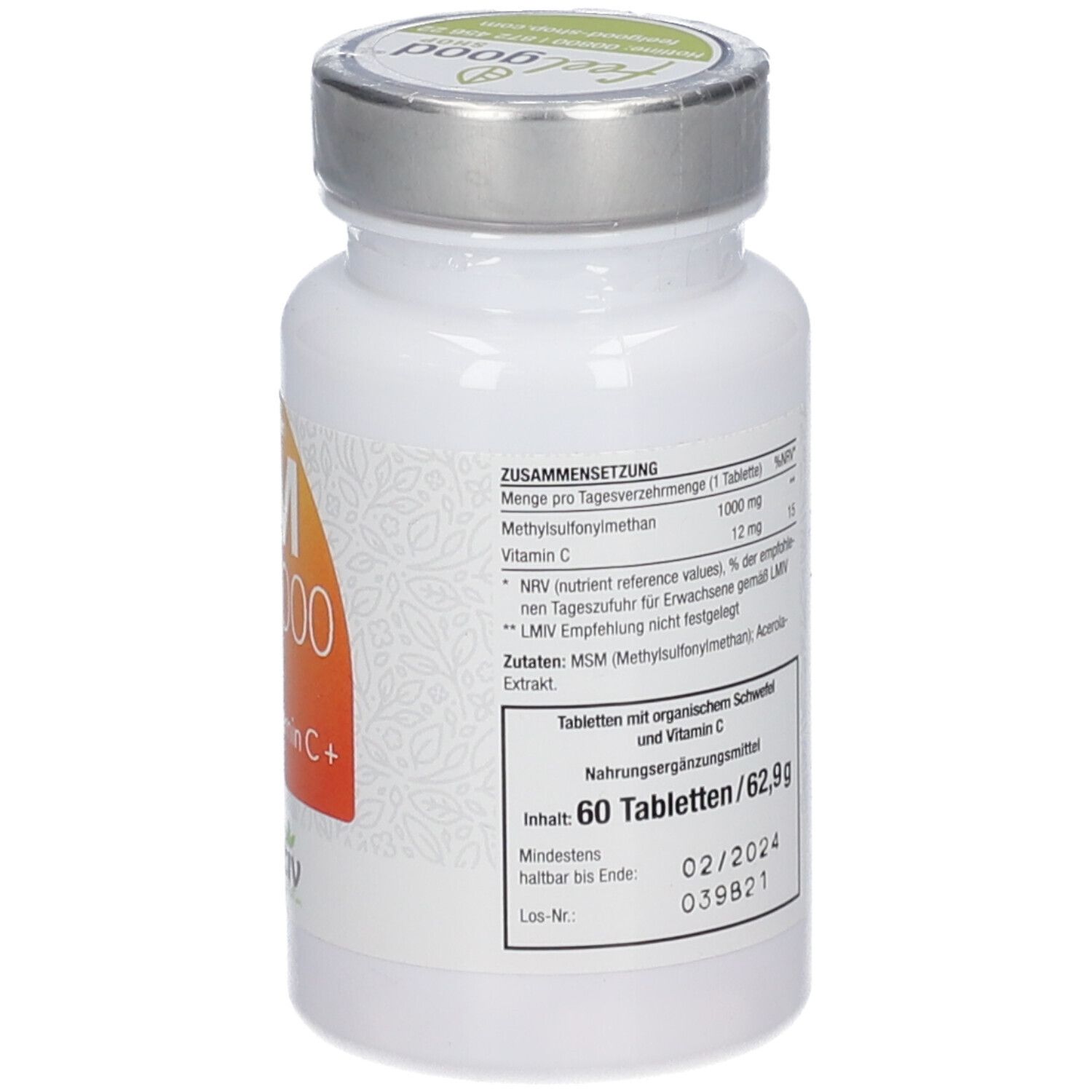 Weiße Flasche mit silbernem Deckel. Etikett mit MSM 1000, Vitamin C+. vitactiv Logo. Nährwertangaben.