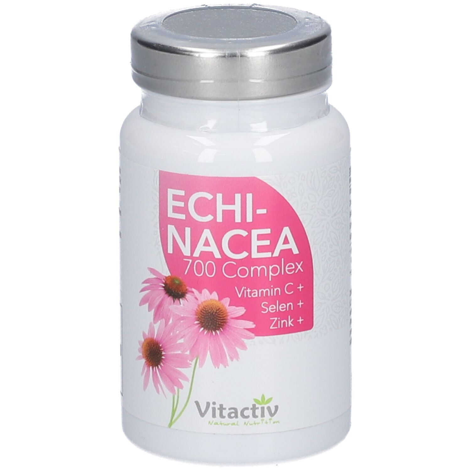 Weiße Flasche mit rosa Etikett. Aufschrift: Echinacea 700 Complex, Vitamin C, Selen, Zink. Vitactiv Logo. Echinacea-Blüten.