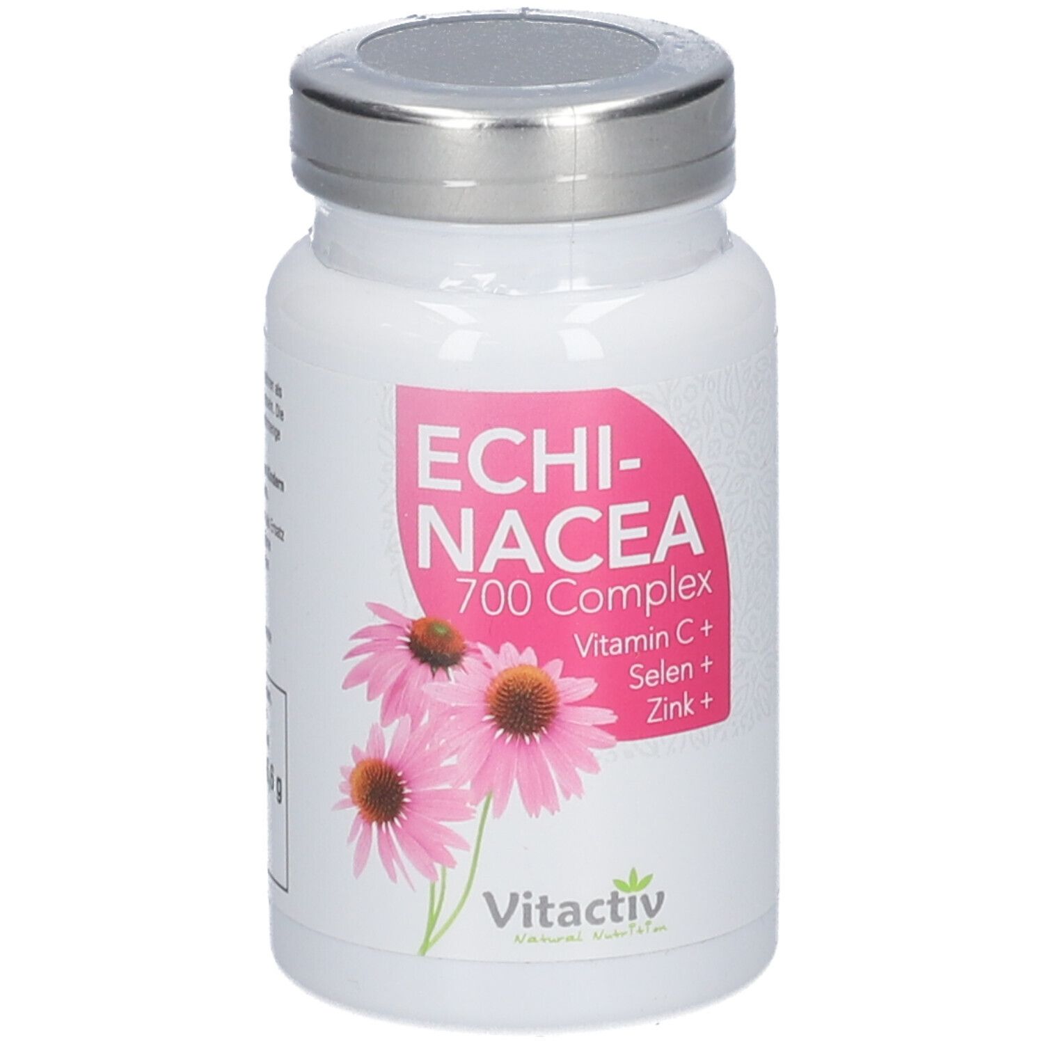 Weiße Flasche mit rosa Etikett. Aufschrift: Echinacea 700 Complex, Vitamin C, Selen, Zink. Vitactiv Logo. Echinacea-Blüten.