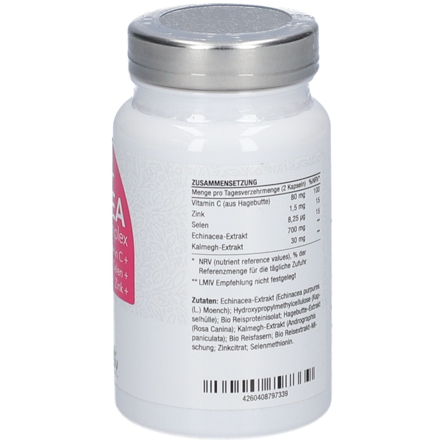 Rückseite einer weißen Flasche. Text: Inhaltsstoffe, Nährwertangaben, Herstellerinformationen. Aufschrift: Echinacea 700 Complex.