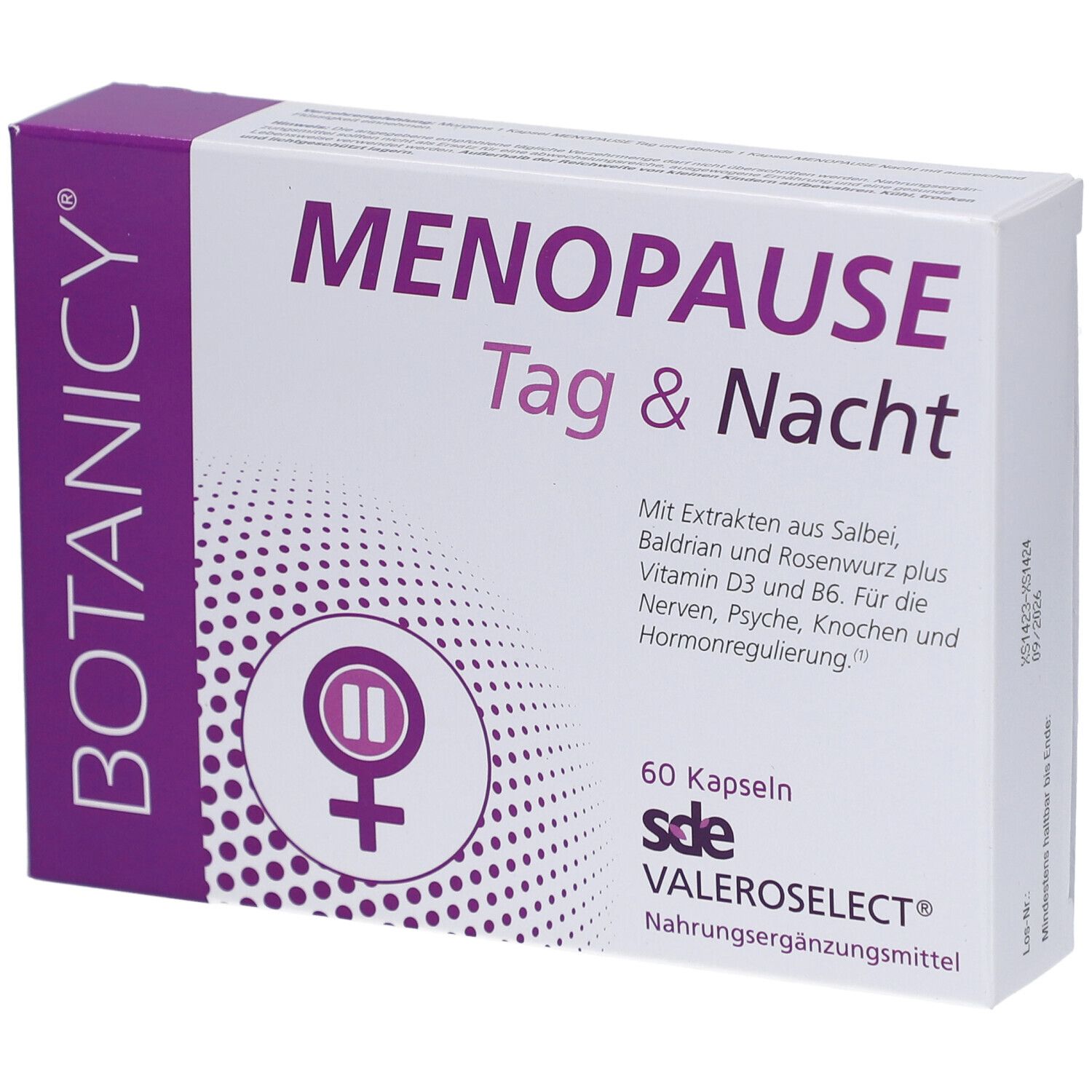 Produktverpackung: Weißer Karton mit lila Akzenten. Aufschrift: MENOPAUSE Tag & Nacht. Enthält 60 Kapseln. Marke: sde VALEROSELECT®.