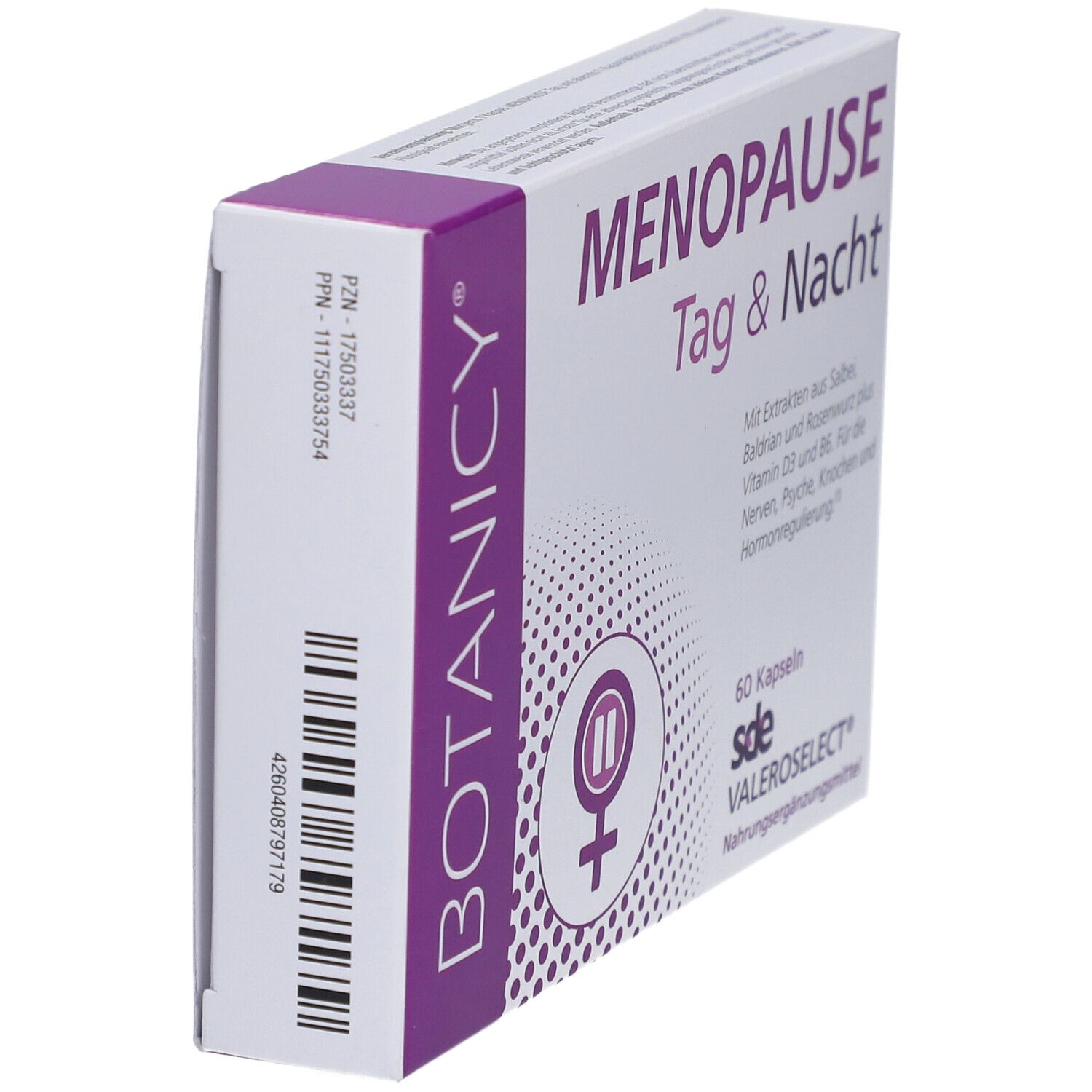 Produktverpackung, Seitenansicht. Weißer Karton mit lila Akzenten. Aufschrift: BOTANICY. Marke: sde VALEROSELECT®.