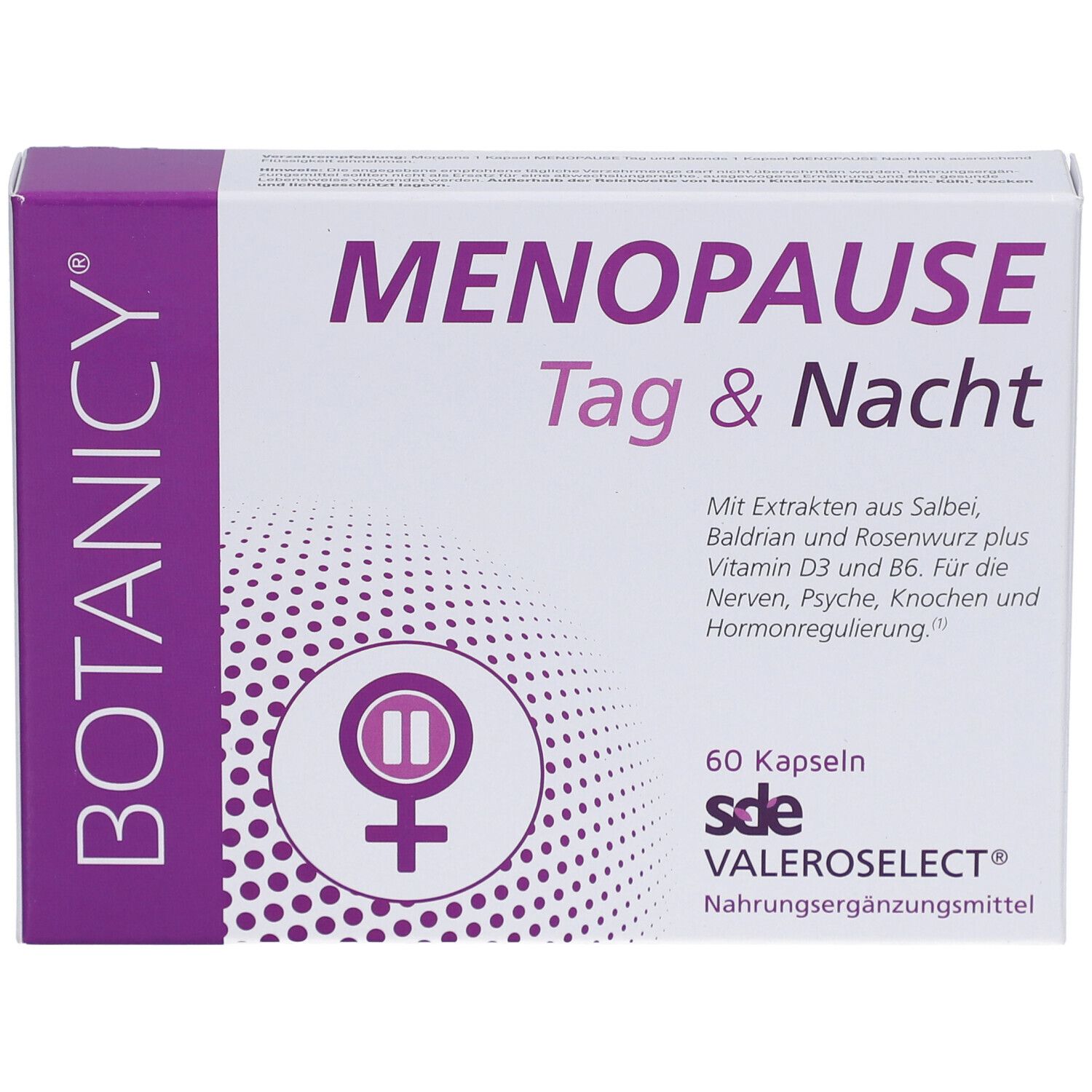 Produktverpackung: Weißer Karton mit lila Akzenten. Aufschrift: MENOPAUSE Tag & Nacht. Enthält 60 Kapseln. Marke: sde VALEROSELECT®.