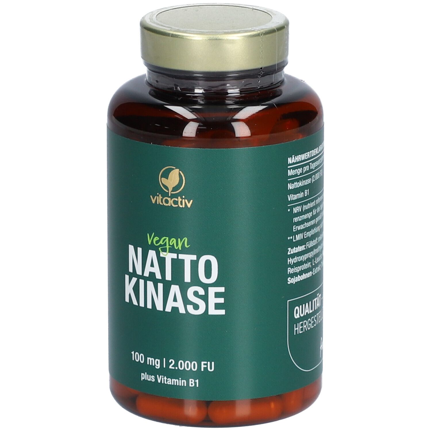 Braune Glasflasche mit goldfarbenem Deckel. Rückseite mit Text und Etikett. Grün-weißes Design. Nährwertdeklaration.