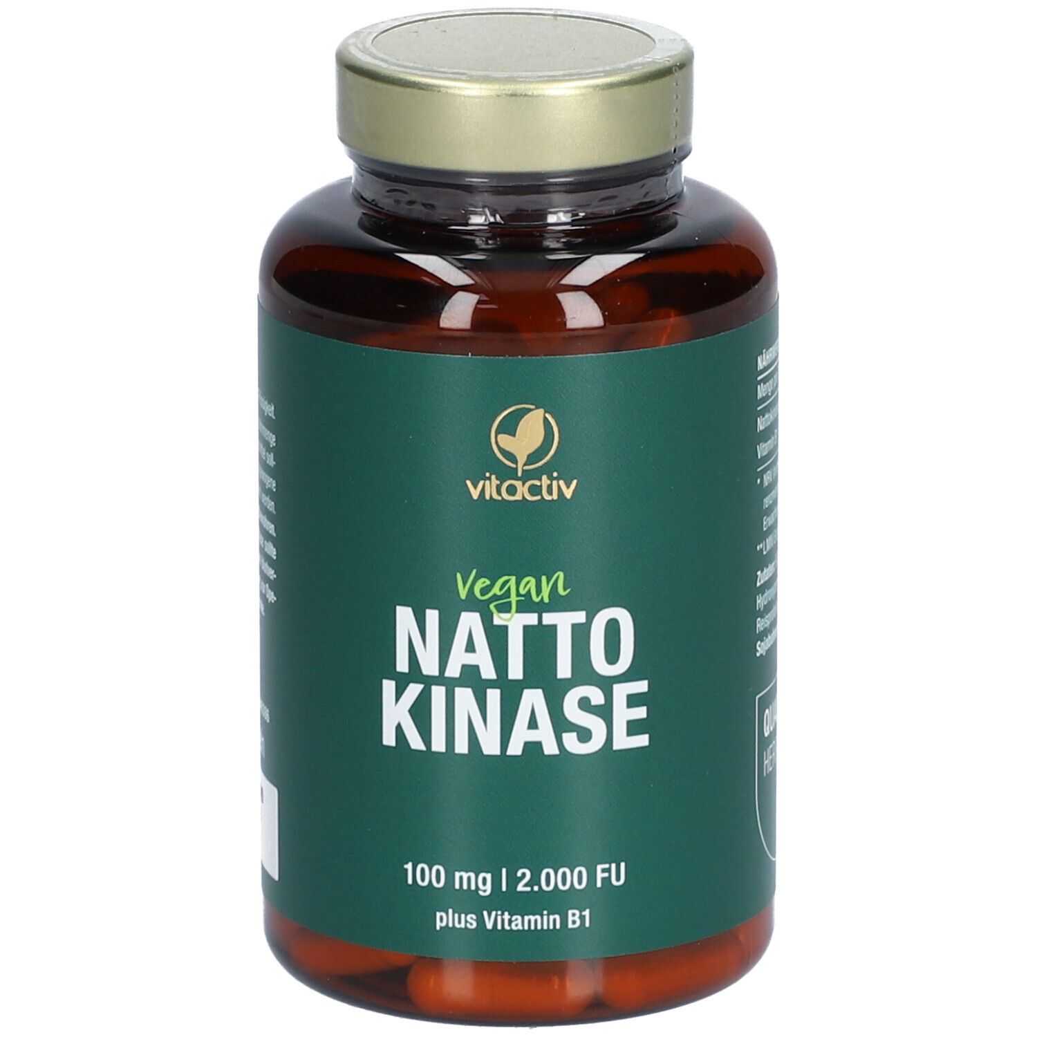 Braune Glasflasche mit goldfarbenem Deckel. Etikett mit "vitactiv Vegan Nattokinase" und Inhaltsangaben. Grün-weißes Design.